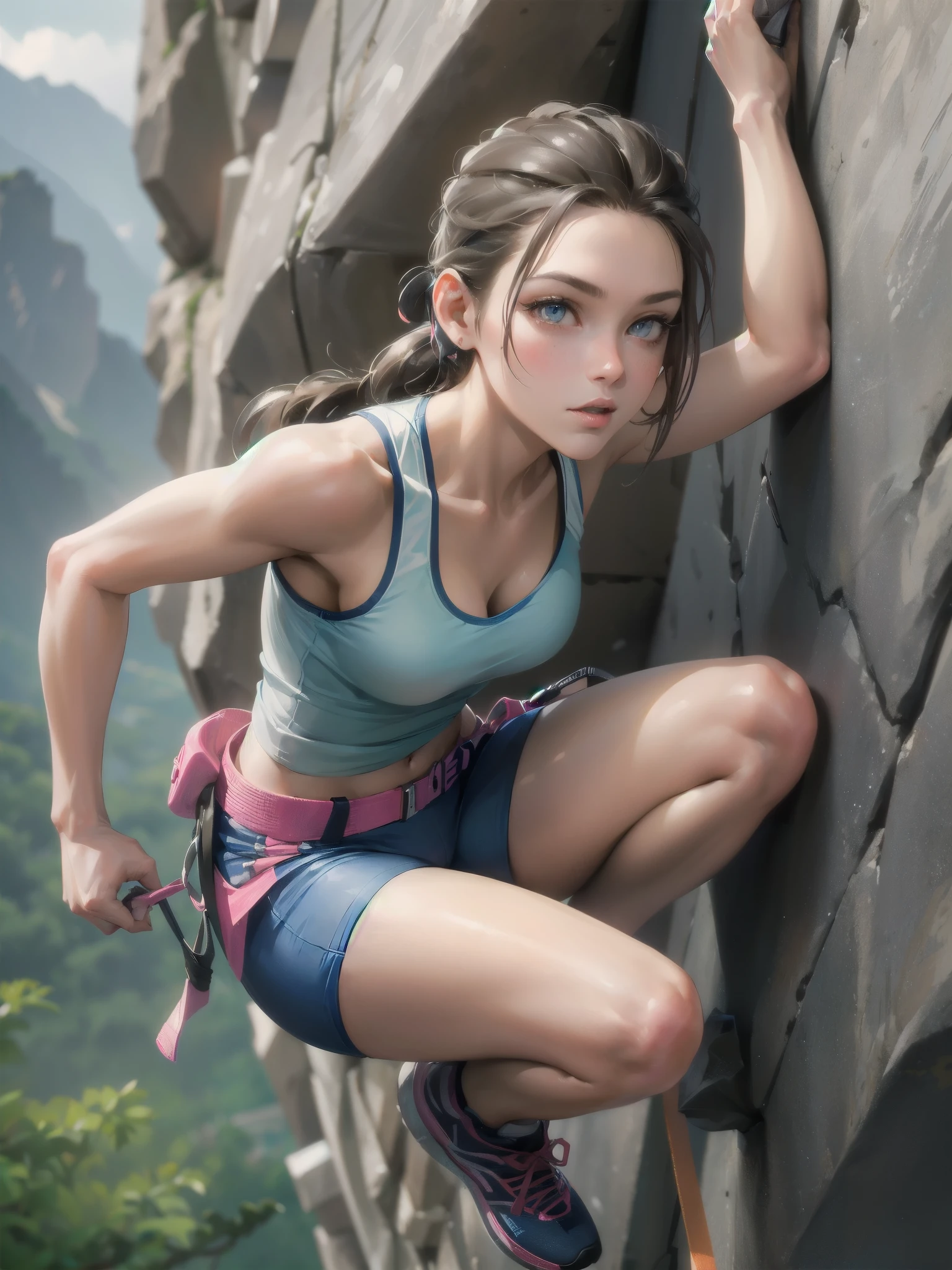 high quality,HD,16k,sharp lines,1 girl,Female sport climbing athlete ,cute face, large breasts, nice legs,At the sport climbing venue,focus girl,detailed beautiful face,detailed clothes,beautiful eyes,cool,dynamic angle