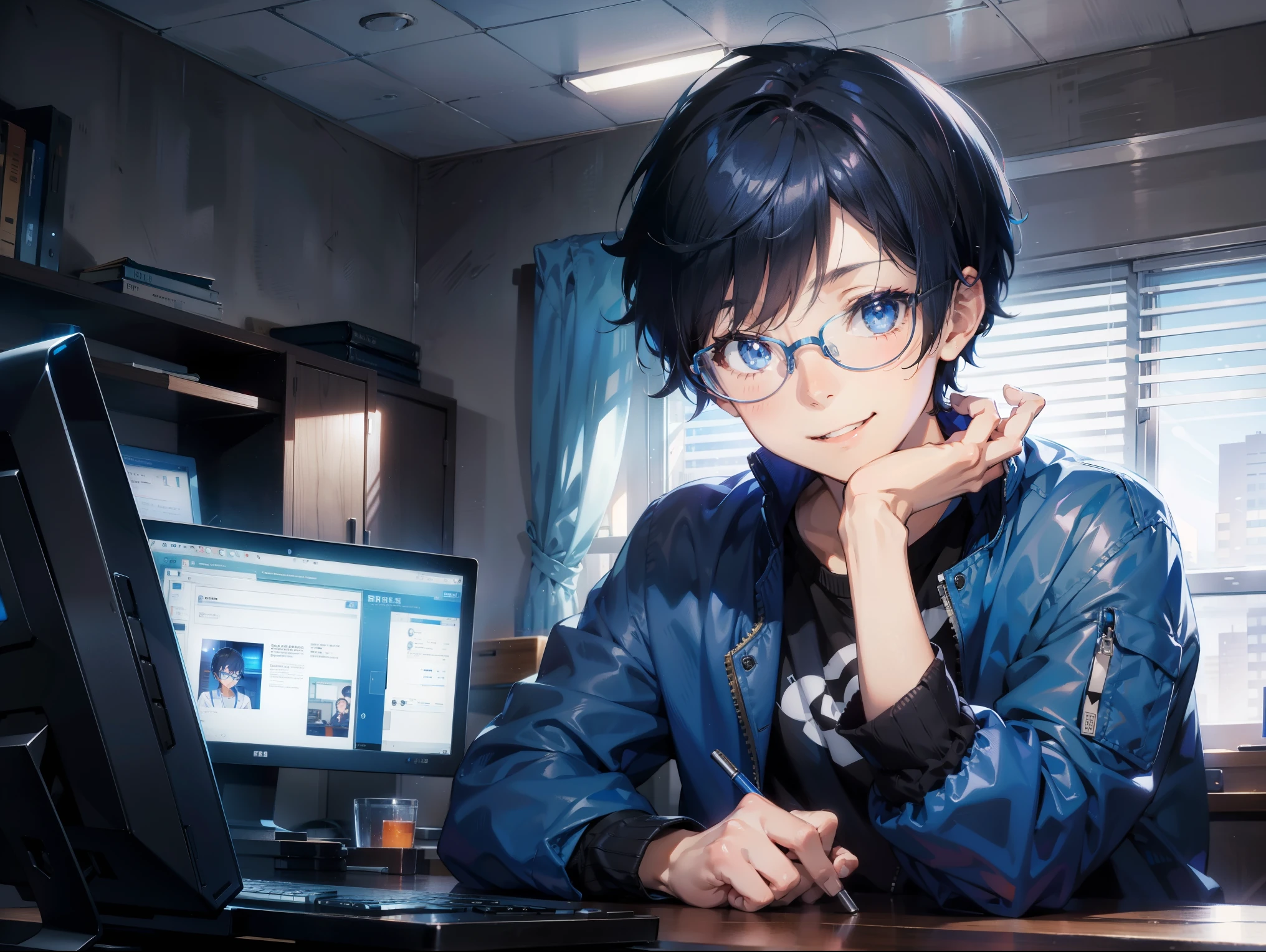 Anime, 1boy, blue jacket, short hair, black hair, looking at viewer, smiling, glasses, computer desk, sitting , blue eyes