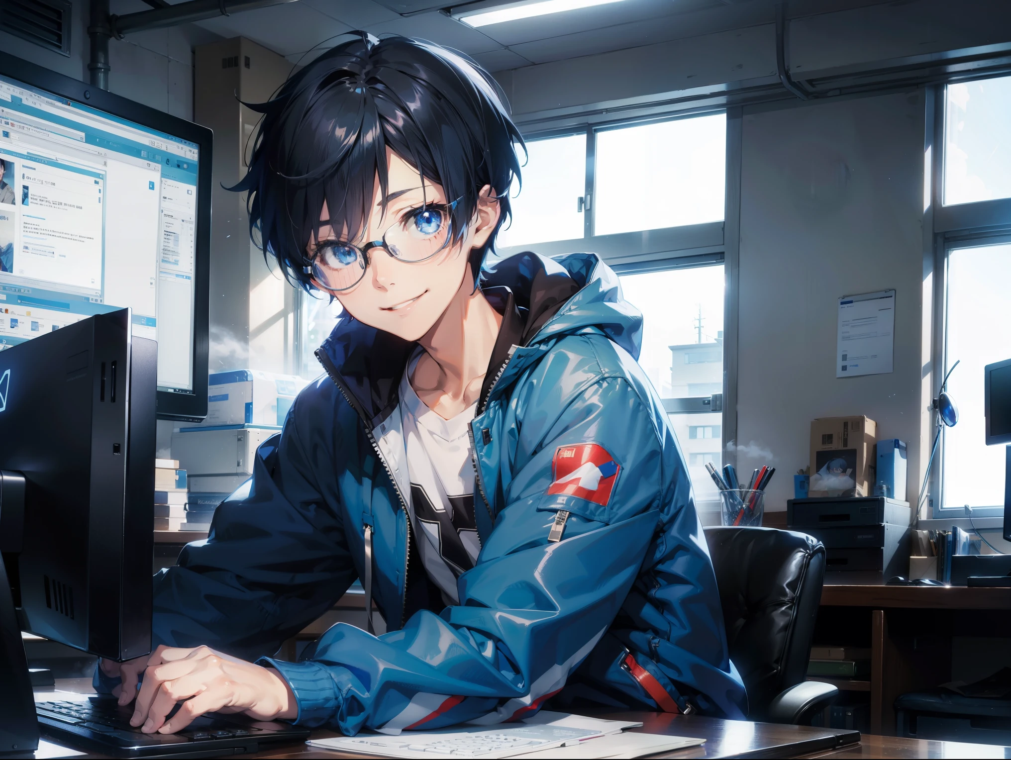Anime, 1boy, blue jacket, short hair, black hair, looking at viewer, smiling, glasses, computer desk, sitting , blue eyes