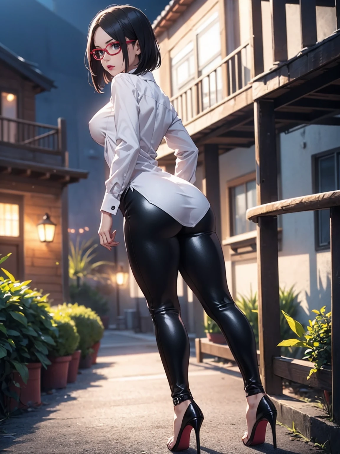(1girl, solo, alone), (WakatsukiRisa, Sarada Uchiha, black hair, short hair, black eyes, red glasses), ((solo, (1woman, pink lipstick, (small breasts), black eyes), Extremely detailed, ambient soft lighting, 4k, perfect eyes, a perfect face, perfect lighting, a 1girl)), austere, ((black leather pants, (high heels, ((dress shirt, white shirt, long sleeve blouse))), black leggings, leather pants, black pants, ((stiletto high heels, (peep toes), black high heels with red soles, high heels)), tight clothes, shiny leather, leather, leathery, farm, balcony, ((looking back, backwards)), farm background, pond)), ((itness, muscular, shapely body, athletic body, toned body))