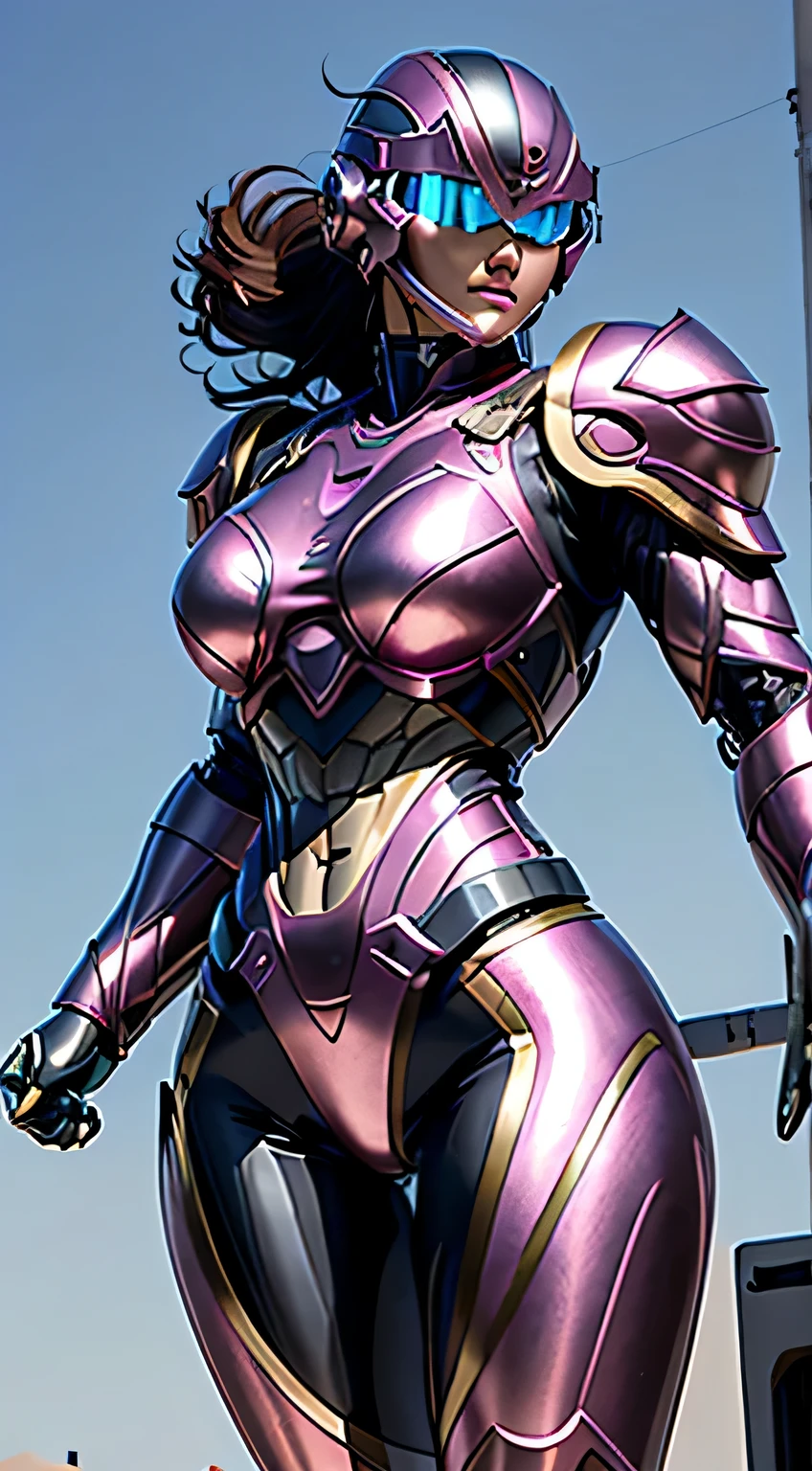 female robocop solo、bright outdoors、strong light source、8K, high quality, masterpiece, 最high quality, hd,sharp contrast、very detailed、Armor that completely covers the whole body、very large armor、Helmet covering the head、clear pictures、Eyes hidden by thin straight goggles:1.3、The lower half of the face is raw:1.5、The lower half of the face is exposed、luscious lips、Mauve metallic armor、Armor that completely covers the chest、thin and long legs、Vibrant posel body view,big and full breasts:1.5, (sports body:1.5)、five fingers、photos around town