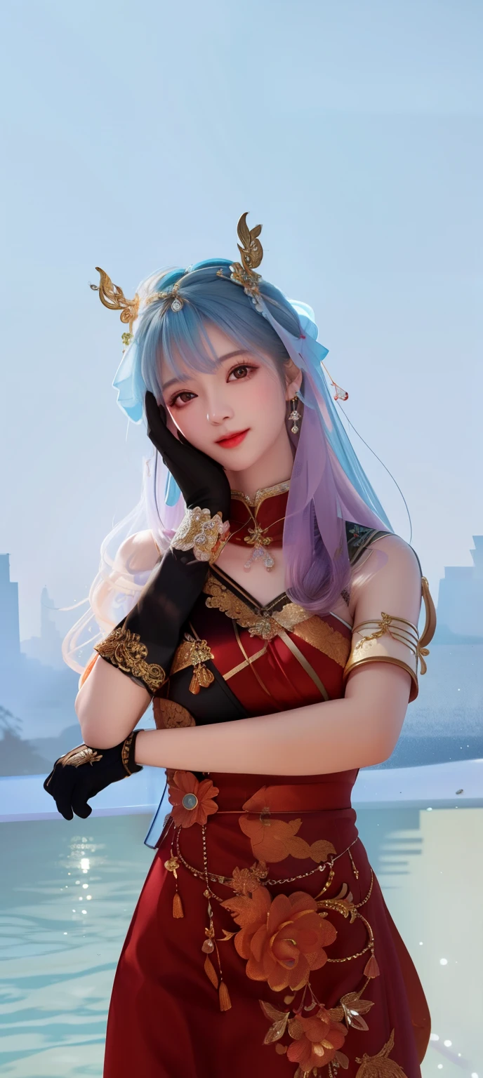 Best Quality, Masterpiece, High Resolution, 1girl, Clear Silk Porcelain Dress, Pretty Face, Hair Accessories, Look at the Audience, Smile, Close Mouth, Lips, Dress, Hair Accessories, Necklaces, Jewelry, Long Hair, Earrings, Beautiful Face, Body, Tindal Effect, Realism, Shadow Studio, Edge Lighting, Two-Color Lighting, (High Detail Skin: 1.2), 8k UHD, DSLR, Soft Light, High Quality, Volume Lighting, Photo, High Resolution 4K, 8k, Blurred Background