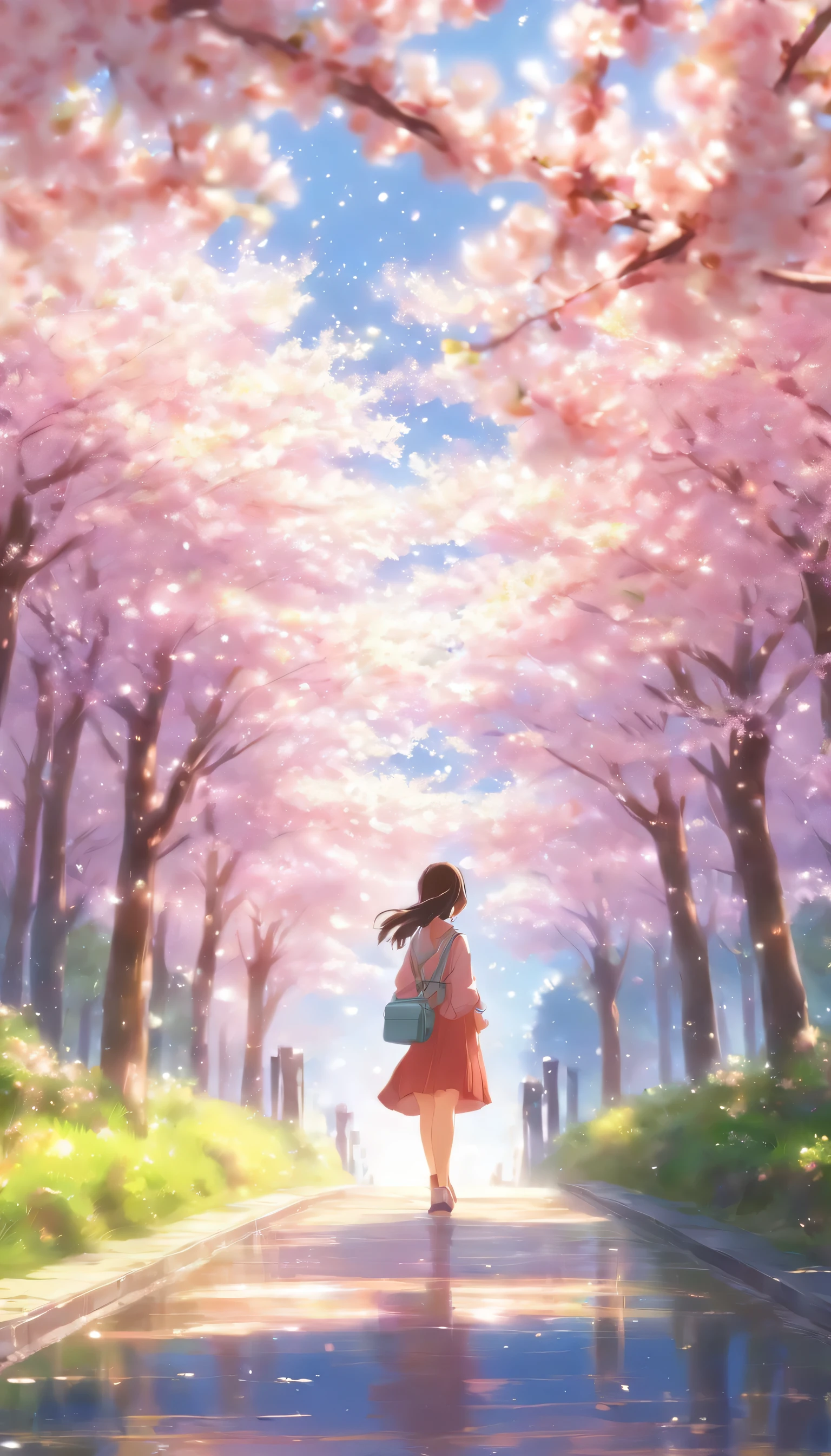 Anime landscape，Park Nagaji，Around the cherry blossoms, high detail, movie lighting, motion blur, Color difference, ultra high definition, masterpiece, Super details, high details, high quality, Award-winning, best quality, high resolution