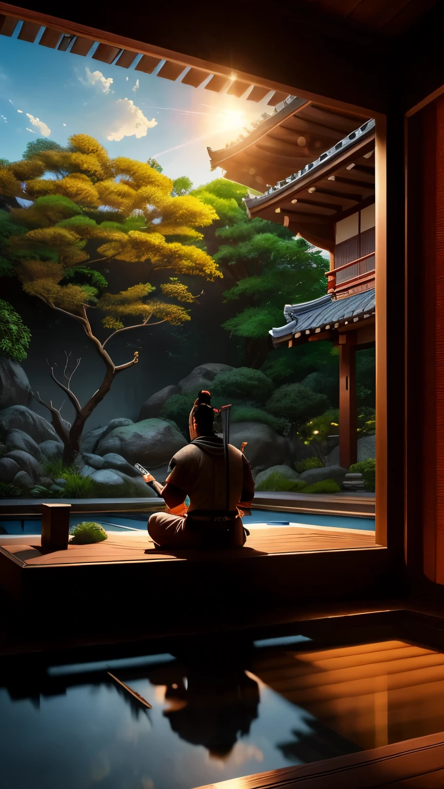  a samurai meditating in a zen garden, con su armadura descansando a su lado y el sol brillando en el horizonte: realistic epic, soft cinematographic portrait, Adobe Lightroom, photography laboratory, muy detallado, despondent, (colores neutros: 1.2), (HDR: 1.4), (colores suaves: 1.2) ), hiperdetallado, (art station:1.4), cinematographic, warm lights, dramatic light, (Detalles intrincados:1.1), fondo complejo, (rutkowski:0.66), (azul y naranja:0.4)