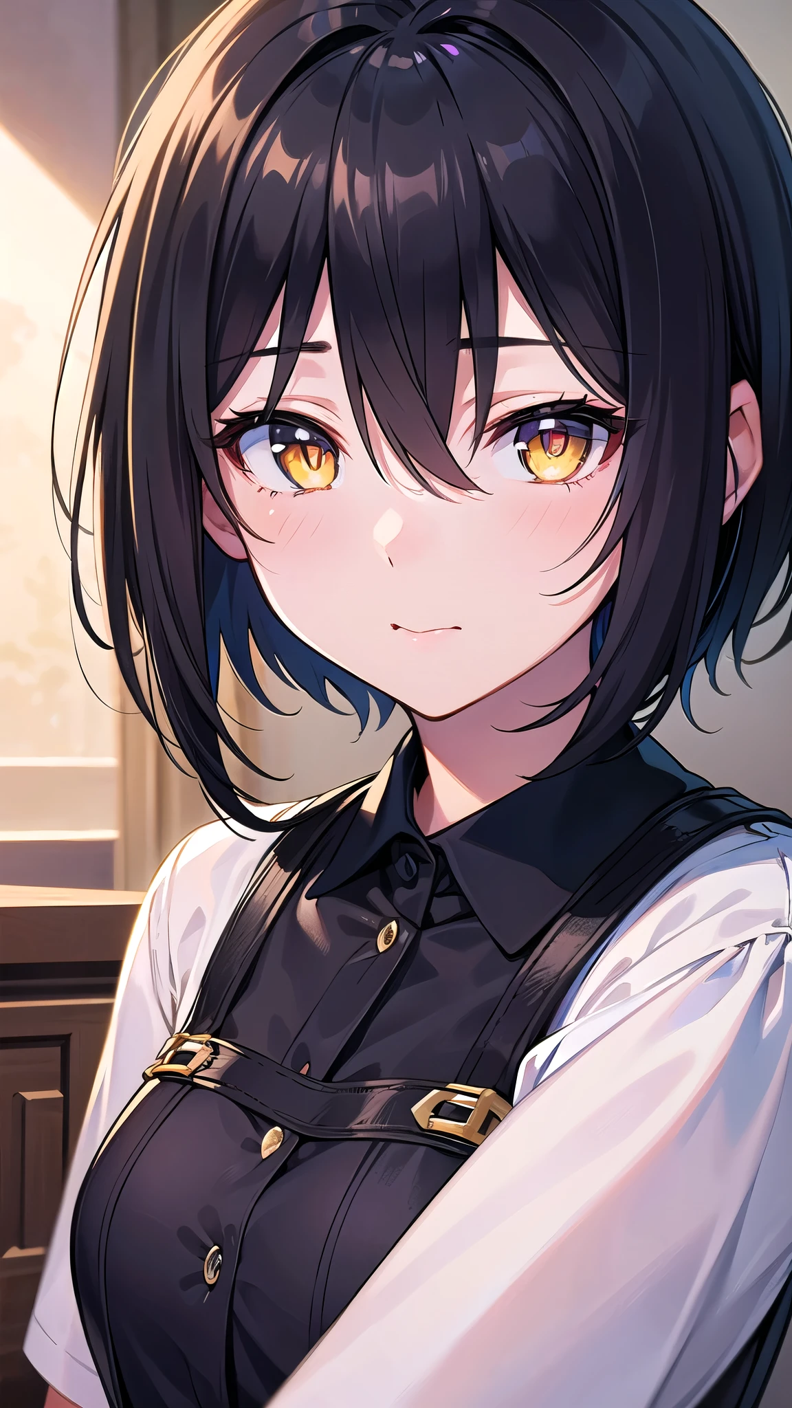 (masterpiece), (highest quality), (Super detailed), (beautiful illustrations), (pretty girl), 1 girl, black hair, short hair, bangs, hair between eyes, beautiful hair, かき上げたbangs, yellow eyes, shining eyes, ************,