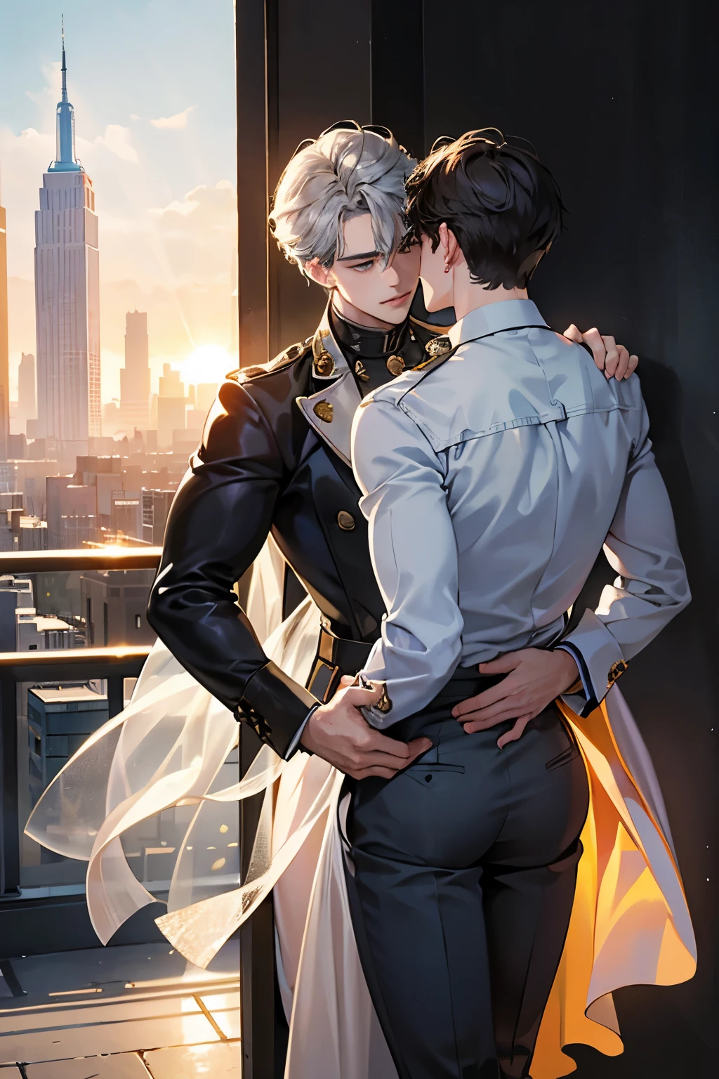 In the heart of the bustling city, an immaculate 1.5D male figure stands with broad shoulders and short, wavy hair framing his gray and blue eyes that reflect a deep pool of emotions. His gaze is fixed on the towering skyscraper behind him, the sunlight casting an alluring shadow on his sculpted physique. The love of his life, also a man, wraps his arms around him from behind in an affectionate embrace. Their lips meet in a tender kiss, their breaths mingling in the crisp city air. The sun sets over the metropolis, casting a warm, golden hue over the scene, the backdrop of the skyscraper standing as