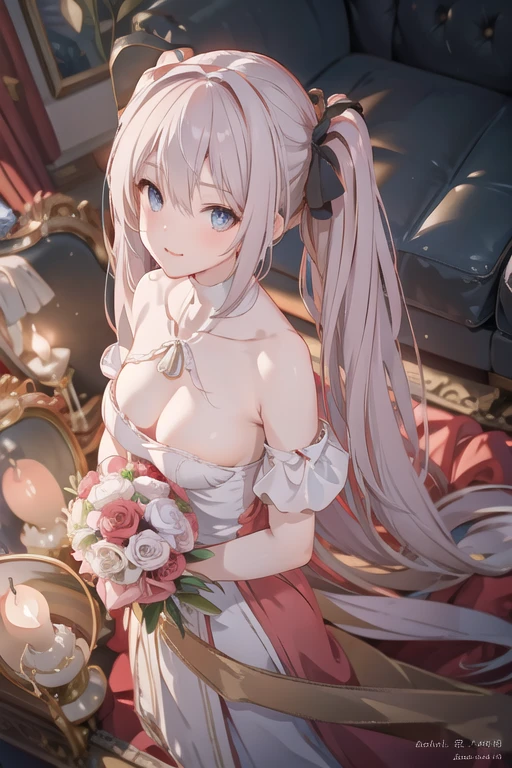 (from above:1.2),(from side:0.9), ((Face)), (Close-Up:0.4), ((looking at viewer, holding a bouquet to his mouth)), highest quality、(real、photorealistic:1.4)、(RAW photo:1.2)、very detailed CG unity 8k wallpaper, delicate and beautiful, wonderful, Fine detail, official art, disorganized, very disorganized, huge file size, Ultra-detailed, very detailed, very detailed girl, very detailed eyes and face, Bright on the face、(20 age girl:1.0)、small smile, smiling, miorine rembran, ahoge, (twintail hair:1.25), hair between eyes, hair twintails, (long hair:1.25), tiara,ruany,off-shoulder dress,pearl ,(gemstone),tiara,veil,wedding dress, wedding necklace, wedding long gloves, (luxurious bouquet), chapel, Stained glass,(best quality, highres, masterpiece:1.2), ultra-detailed, (realistic:1.37) illustration, erotic style, soft lighting, sweat glistening on her body, gentle warmth, dark and mysterious, small breast,narrow waist,(with sparkling eyes and a contagious smile),her thin pubic hair, looking at viewer, 