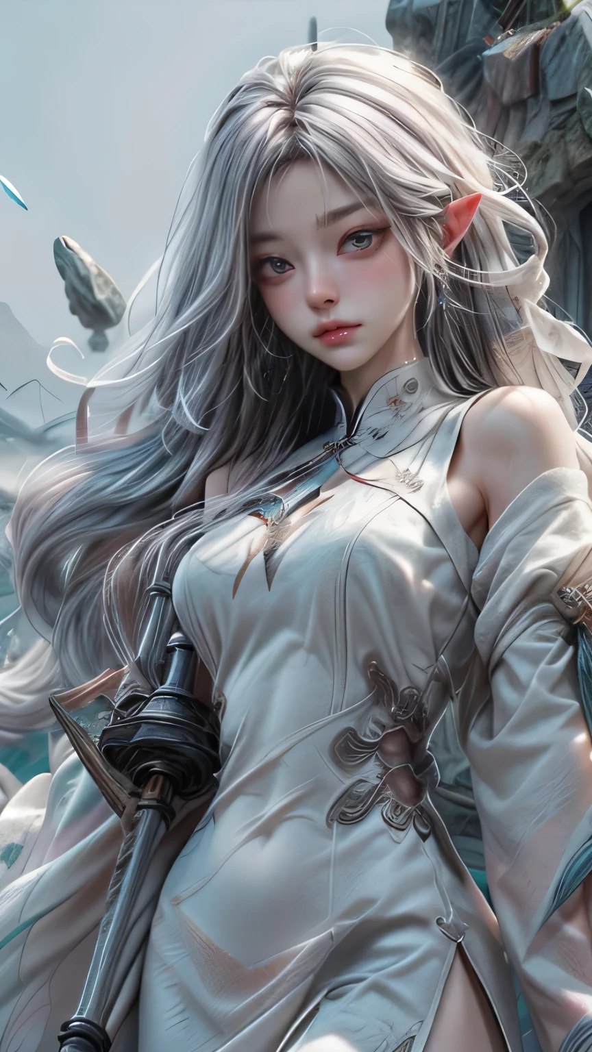 silver hair,wizard&#39;cane,(masterpiece, Highest quality, Highest, official art, beautiful and aesthetic, exposed for a long time: 1.2), smooth movement, attractive pattern, 1 girl, (long dress with sleeves: 1.3), (((white clothes) )), Upper body close-up, bare shoulders, Big eyes, blush, black lob hair, portrait, alone, Upper body, observe the observer, detailed background, detailed face, (crystal AI, crystal theme:1.1), wind elf, Rotating wind, control the wind, White crystal clothes, dynamic pose, suspended particles, ether dynamics, whirlwind, vapor, whirlwind in the background, white tone, whirlwind, great atmosphere,blonde,goblin, silver hair, plump face,emerald green eyes:1.5,random pose、single、round face,wizard with big jewel&#39;cane