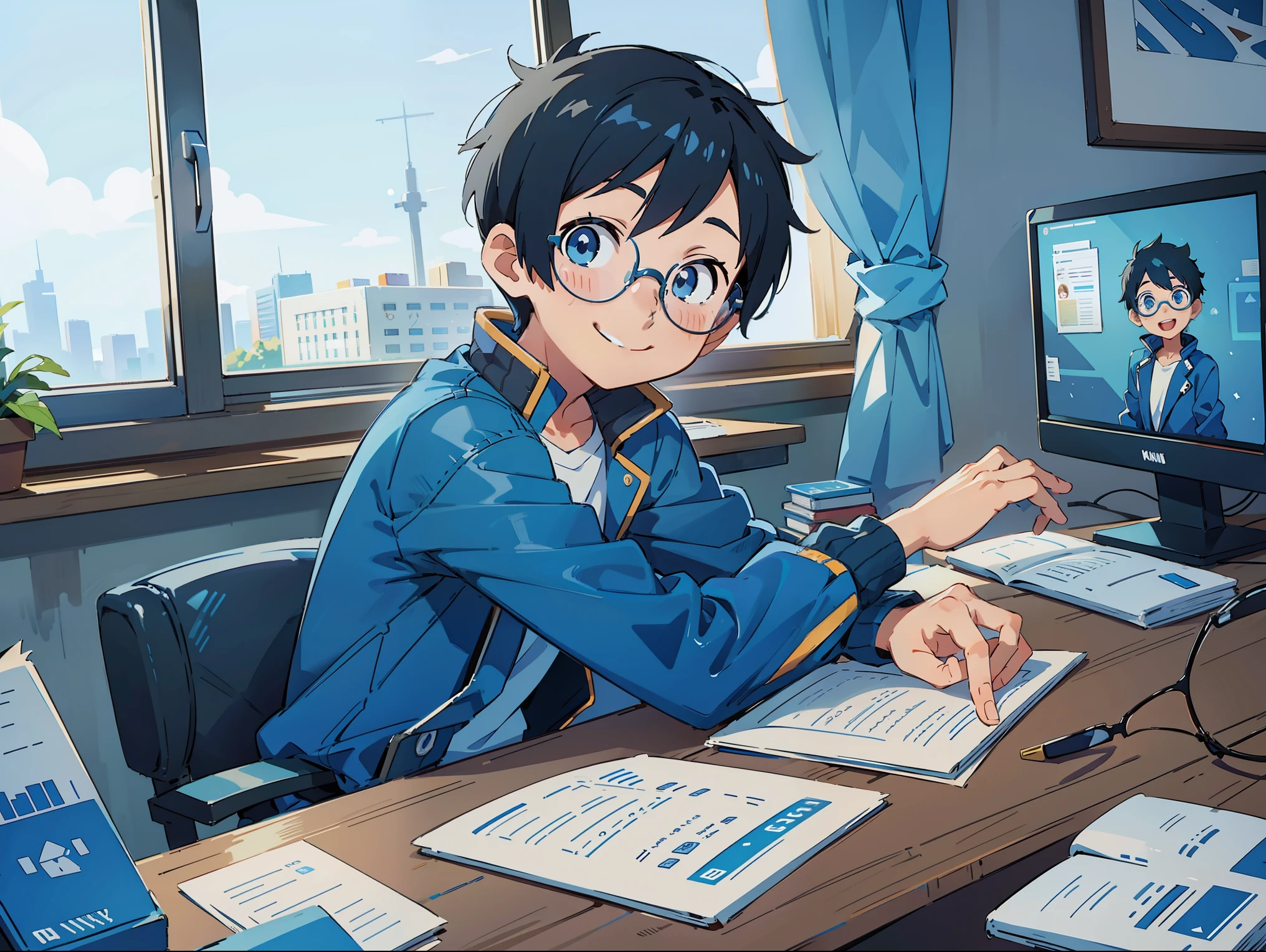 Anime, 1boy, blue jacket, short hair, black hair, looking at viewer, smiling, glasses, computer desk, sitting , blue eyes