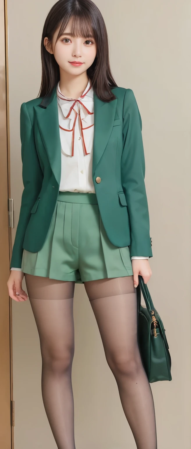 cute model girl、shiny green tight shorts、formal jacket、、good style、standing cool and upright、whole body、colorful pattern pantyhose、、