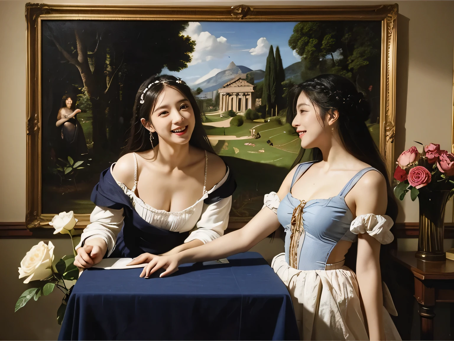 Giorgione painting style,Arguments of two female Philosophe,math、astronomical machine、astronaut、roses in vase、fruits、Cute trinkets、smile、ancient greek costume、Ancient Roman landscape in the style of Nicolas Poussin,laughter,,Sweet and seductive appearance.、Caravaggio's paintings、Chiaroscuro of Caravaggio、hair tousled by the wind,Two women frolicking,cute smile, expression of ecstasy,Sexy,erotic