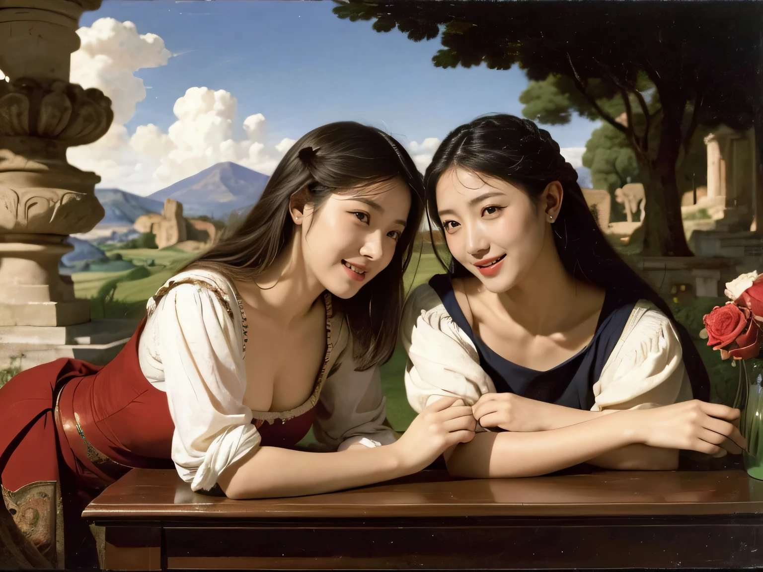 Giorgione painting style,Arguments of two female Philosophe,math、astronomical machine、astronaut、roses in vase、fruits、Cute trinkets、smile、ancient greek costume、Ancient Roman landscape in the style of Nicolas Poussin,laughter,,Sweet and seductive appearance.、Caravaggio's paintings、Chiaroscuro of Caravaggio、hair tousled by the wind,Two women frolicking,cute smile, expression of ecstasy,Sexy,erotic 