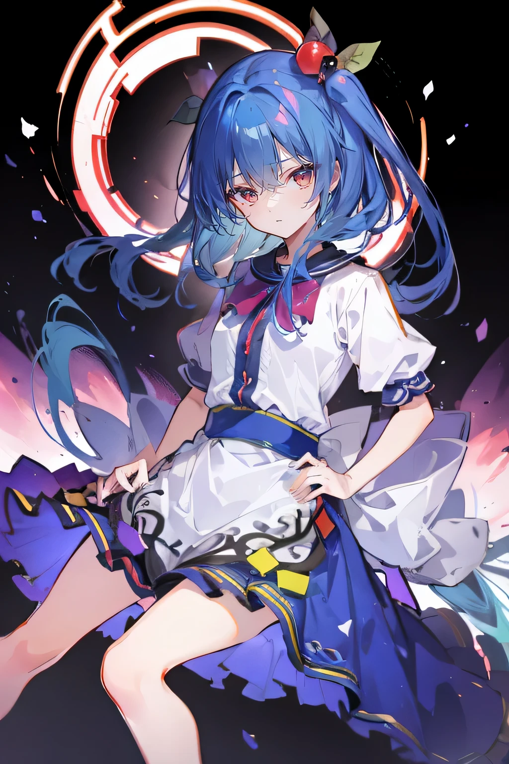 (masterpiece),best quality, expressive eyes, perfect face, 1girl,
 Put your hands on your waist,fair, Gorgeous,Japanese cartoons,girl,lola,Hina Angel, blue hair, blue haired, floating clothes,Grab your waist, Grab your waist, hands on hips , hands on hips,sit, sit on ground, Legs on the ground, flat chest