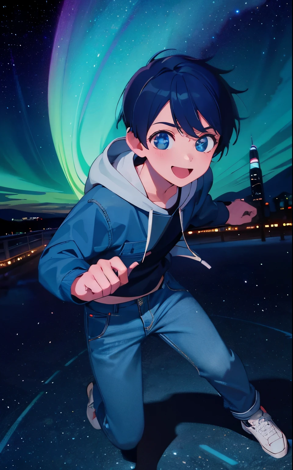 Ultra-high image quality, delicate facial expressions, 8K, stars in the eyes, , short blue hair, cool boy, hoodie and denim pants, full body, smiling face, fun atmosphere, starry sky at night, aurora