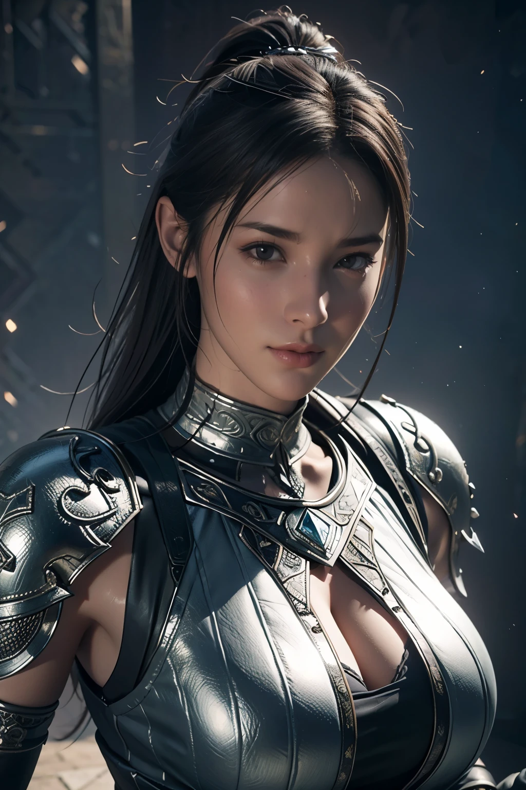 Game art，The best picture quality，Highest resolution，8K，(A bust photograph)，(Portrait)，(Head close-up)，(Rule of thirds)，Unreal Engine 5 rendering works， (The Girl of the Future)，(Female Warrior)， 
20-year-old girl，((Hunter))，An eye rich in detail，(Big breasts)，Elegant and noble，indifferent，brave，
（Medieval-style fur combat clothing，Glowing magic lines，Animal skin clothing with rich details），Medieval Lady Knight，Medieval ranger，
photo poses，simple background，Movie lights，Ray tracing，Game CG，((3D Unreal Engine))，OC rendering reflection pattern