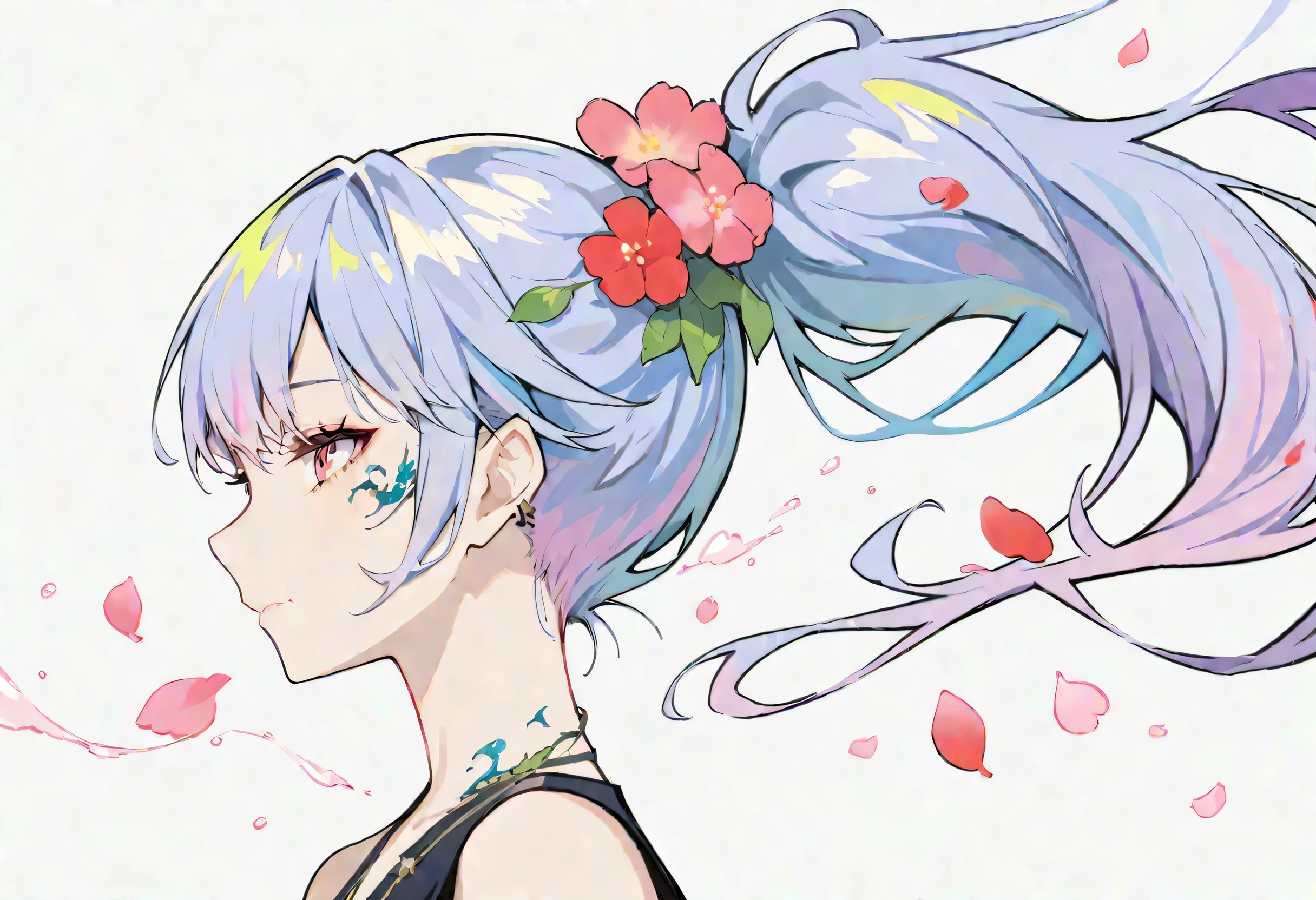 ((masterpiece, best quality)), (negative space: 1.2), (1 girl, alone: 1.4), petal, pink eyes, dragon girl, long, purple hair, high ponytail, liquid hair, flowers, dragon background