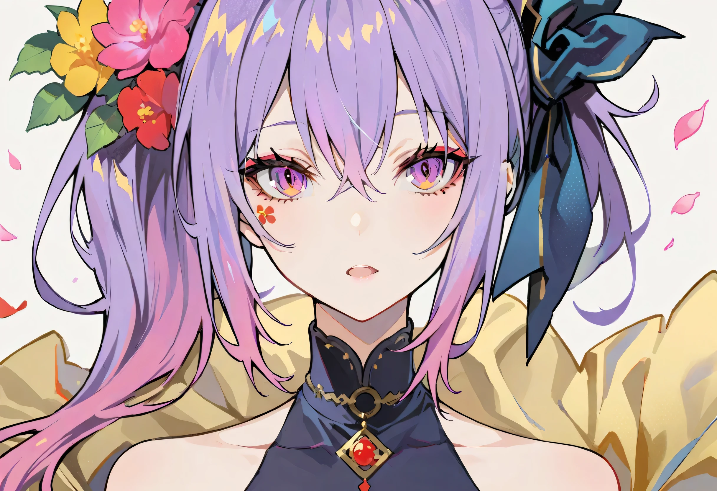 ((masterpiece, best quality)), (negative space: 1.2), (1 girl, alone: 1.4), petal, pink eyes, dragon girl, long, purple hair, high ponytail, liquid hair, flowers, dragon background