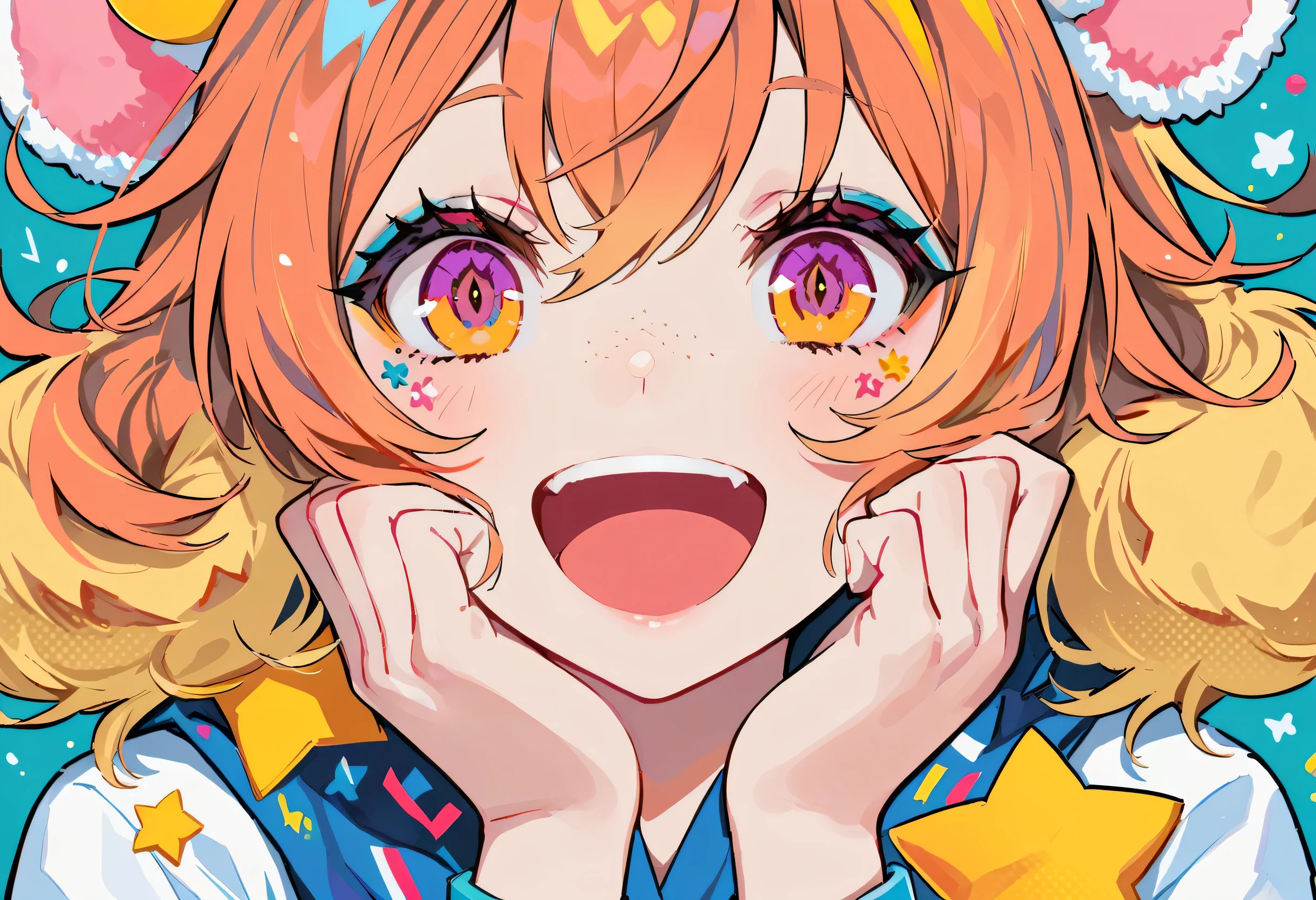 Super super happy and cute , Freckles and ginger hair, holding her cheek