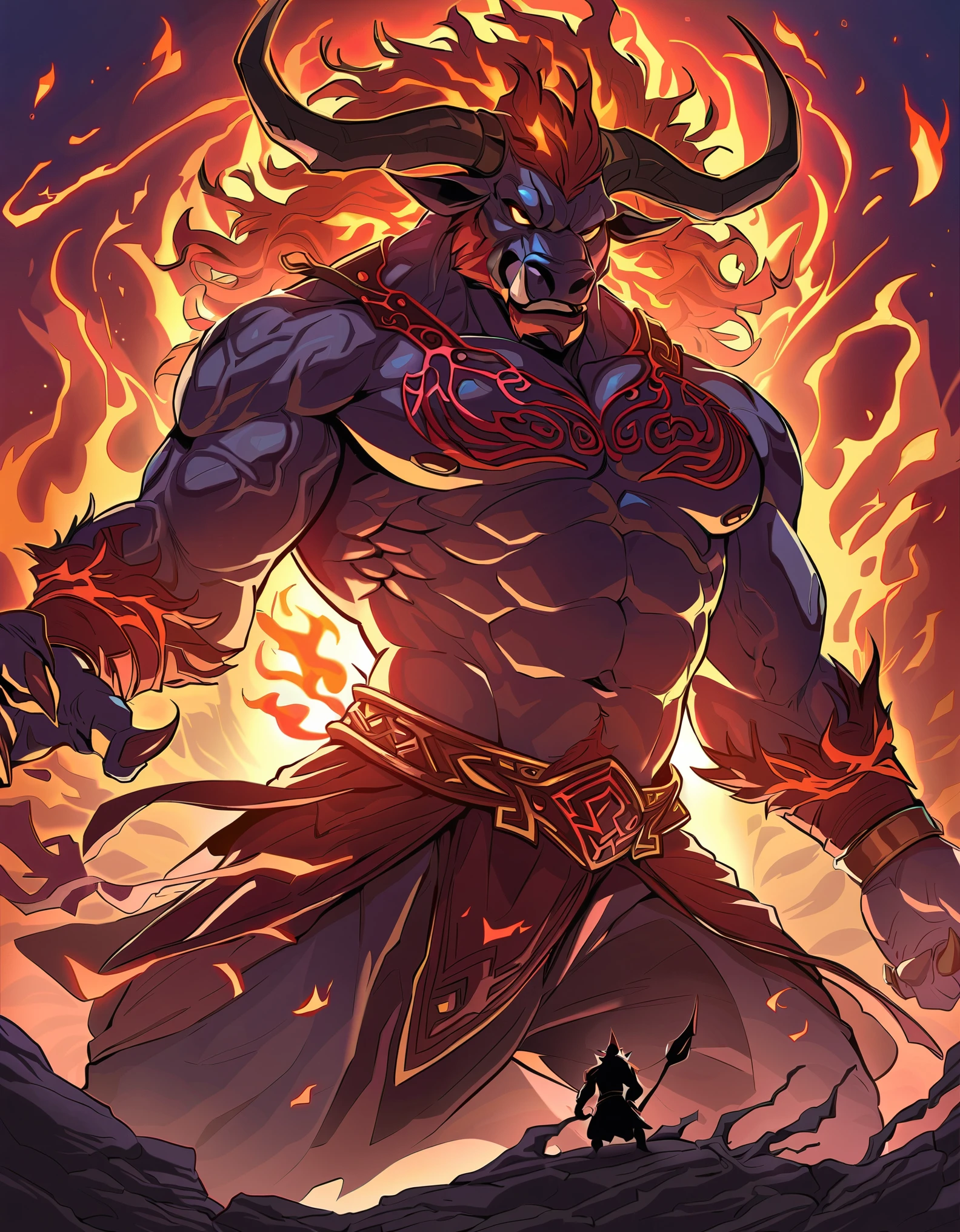 ox:male:muscle,anger towards humans,Fighting spirit,preparing for battle,express anger with flames,cool illustration,anatomically correct,intricate details,bulging blood vessels,masterpiece,最高masterpiece,best composition,beautiful light and shadow,dark background,