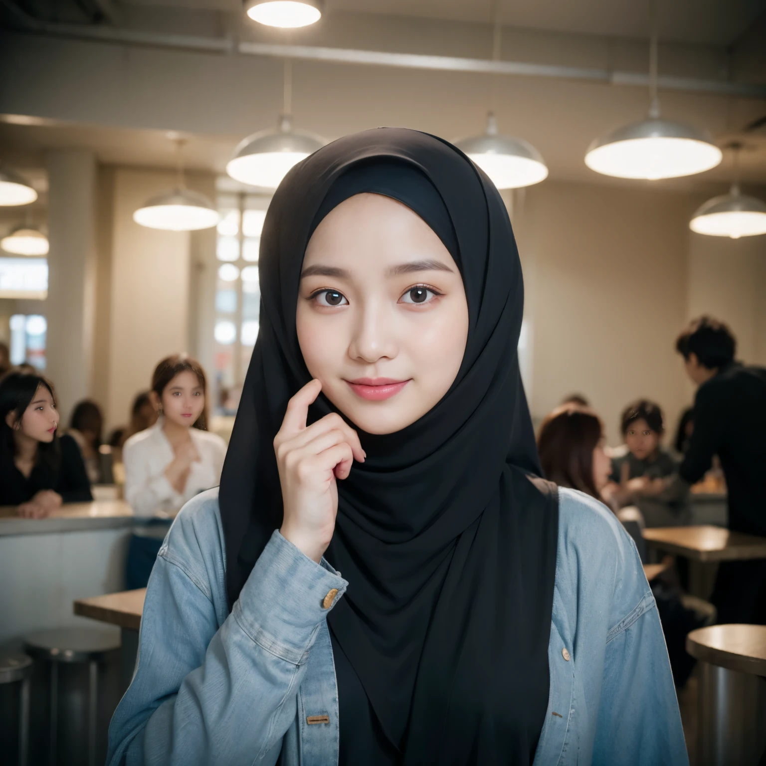 Muslim girl, hijab, (8K, RAW photo, highest quality, High resolution:1.1), (hyperrealistic:1.4),(realistic, photorealistic:1.3), soft light,realistic face,realistic body,realistic skin,disorganized,masterpiece,(cute:1.8), 17 years old, baby face, Big breasts,(big:1.2),fine black eyes,innocent eyes,droopy eyes,Watery eye,open lips,blush,good style,colorful lights,film Grain,smile,full Body,blurred background,young,85mm lens, f/ 1.4,professional lighting,portrait,photon mapping,radio city,Physically based rendering,japanese girl, wearing black matte hijab, abaya, twirling hijab, sky blue jacket,having ice cream with me, in a bussy foodcourt,