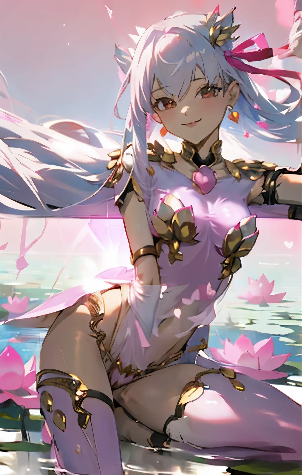 Teenage Kama sitting in shallow water, has a pink heart arrow, Second Ascension Costume, shiny clothes, transparent clothes, erotic pose, goddess of love in the universe, enchanting smile, lotus field background, floating pink heart