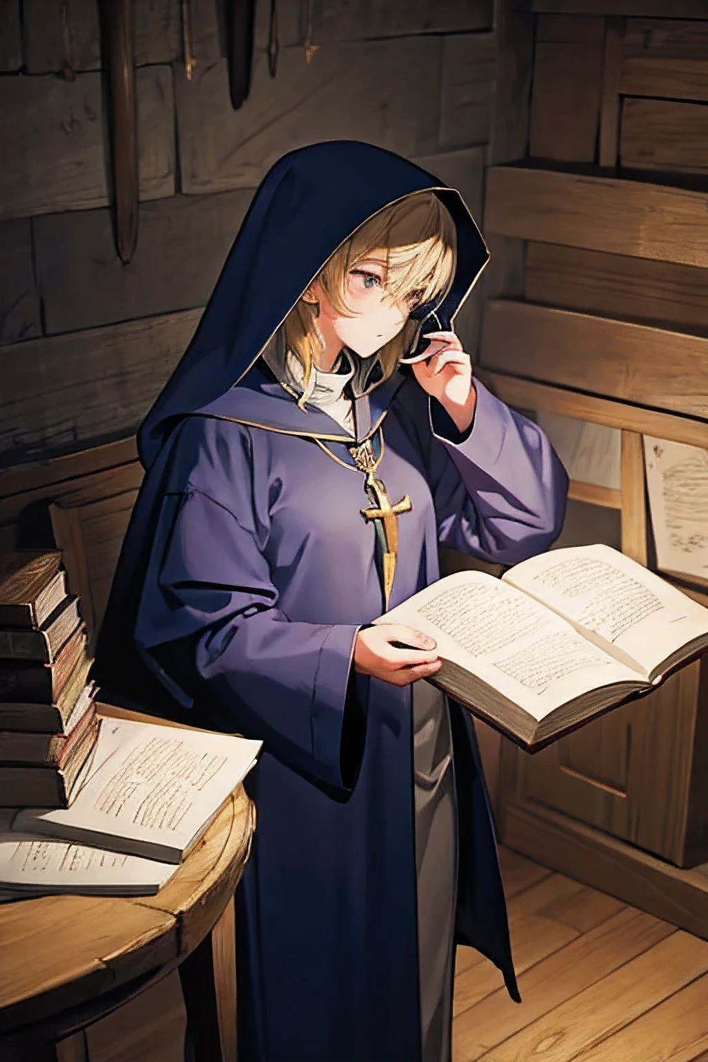 masterpiece, highest quality, clergyman, young magician studying, a determined girl, hooded, moody lighting, quiet, Calm, Mysterious, Magic, rim lighting