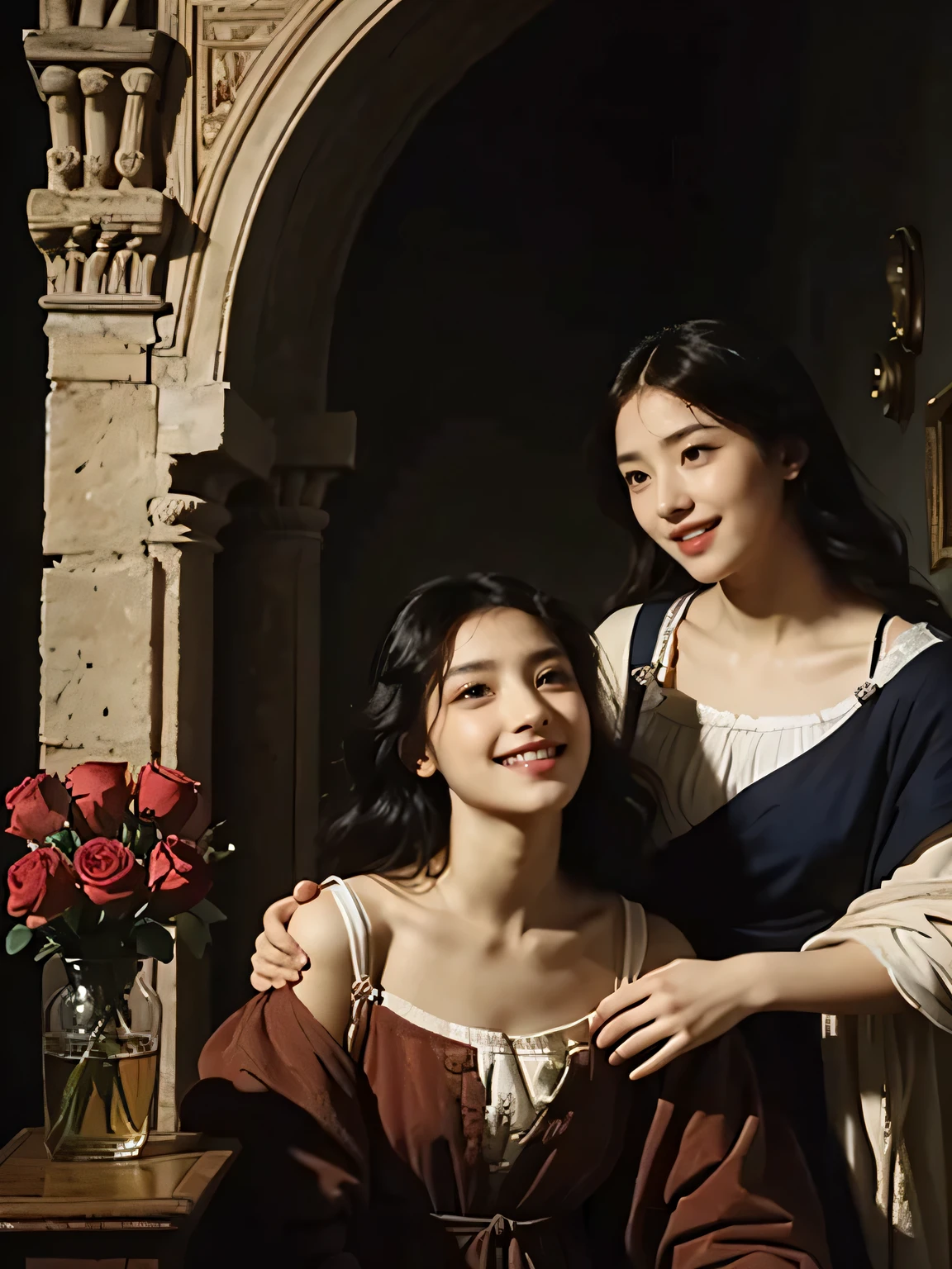 Giorgione painting style,Arguments of two female Philosophe,math、astronomical machine、astronaut、roses in vase、fruits、Cute trinkets、smile、ancient greek costume、Ancient Roman landscape in the style of Nicolas Poussin,laughter,,Sweet and seductive appearance.、Caravaggio's paintings、Chiaroscuro of Caravaggio、hair tousled by the wind,Two women frolicking,cute smile, expression of ecstasy,Sexy,erotic 