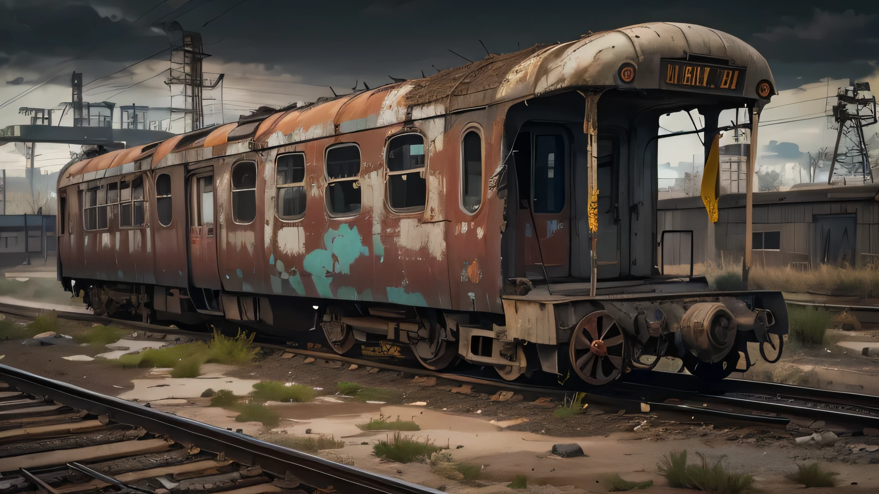 Crop the carriage to a completely white background, eliminate all scenery keeping the same carriage as this scene, maintain the same quality,best quality,high resolution,Super detailed,actual,desolate wasteland style,Abandoned railway station and train,Dusty and rusty texture,Cracked concrete walls and broken windows,twisted metal,Deteriorated railroad tracks,Faded text and graffiti,Weathered and worn train wheels and machinery,.