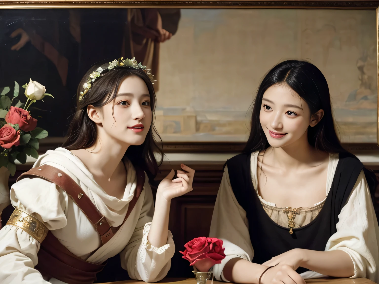 Giorgione painting style,Arguments of two female Philosophe,math、astronomical machine、astronaut、roses in vase、fruits、Cute trinkets、smile、ancient greek costume、Ancient Roman landscape in the style of Nicolas Poussin,laughter,,Sweet and seductive appearance.、Caravaggio's paintings、Chiaroscuro of Caravaggio、hair tousled by the wind,Two women frolicking,cute smile, expression of ecstasy,Sexy,erotic