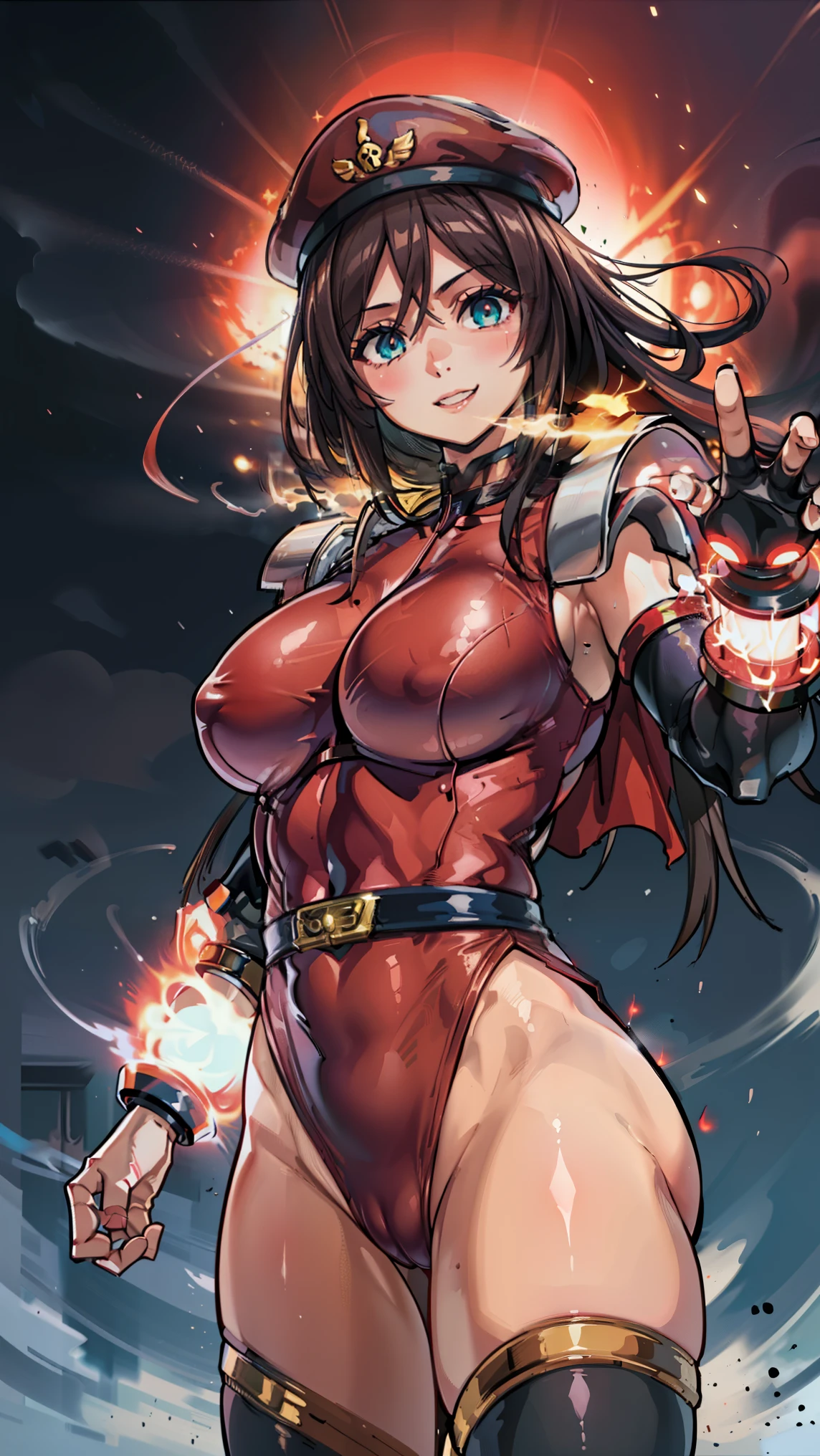 1 girl,NSFW,Tazuna Hayakawa ,peaked cap, thighhighs, cape, red leotard, clavicle, absurd, brainwashing,Combatant, empty eyes,((RED glowing eyes 1.5)), ((huge breasts 1.8)) ,fearless smile,look down , whole body shape, ((Aura, energy, glowing,swirling energy, dynamic pose,)),(highest quality、4k、8K、High resolution、must have:1.2)、Super detailed、(reality、that's realistic、realistic:1.37)、ticker、hyper hd、studio lighting、ultra definition paint、sharp focus、Physically based rendering、extreme details、Professional specifications、vibrancy and color、blurry、sports portrait、landscape、horror style、anime big breasts、SF、photograph、concept artist、five fingers, perfect body, {{{masterpiece}}}, {{{highest quality}}}, {{Super detailed}}, {shape}, {{very delicate and beautiful}},Improved cost performance、all roles、Canon 5D MK4でphotograph、photograph,