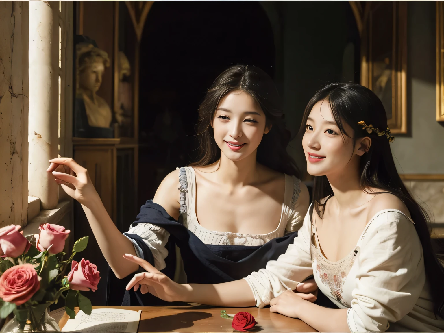 Giorgione painting style,Arguments of two female Philosophe,math、astronomical machine、astronaut、roses in vase、fruits、Cute trinkets、smile、ancient greek costume、Ancient Roman landscape in the style of Nicolas Poussin,laughter,,Sweet and seductive appearance.、Caravaggio's paintings、Chiaroscuro of Caravaggio、hair tousled by the wind,Two women frolicking,cute smile, expression of ecstasy,Sexy,erotic 