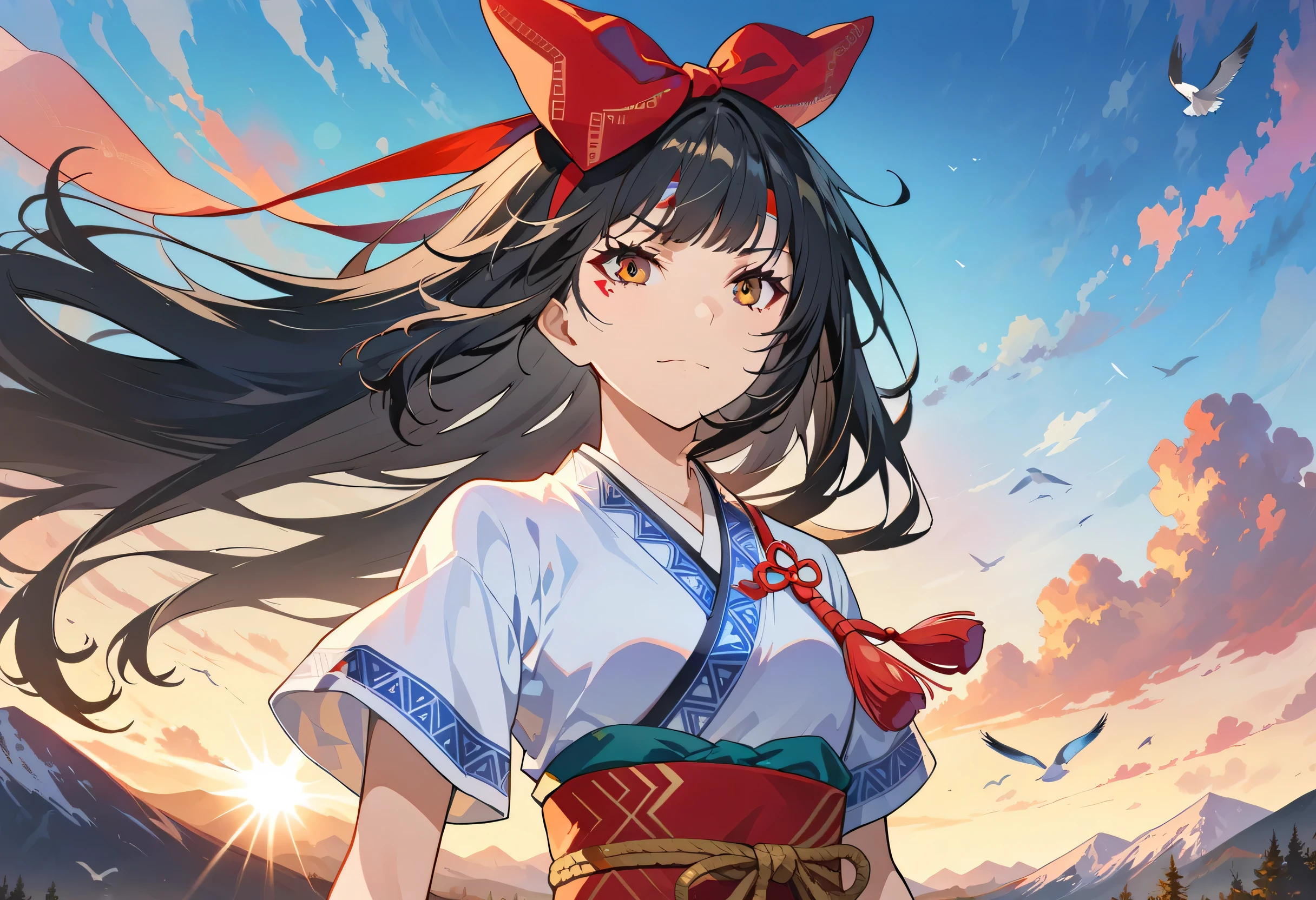 masterpiece, best quality,1 girl, red bow, bow, long hair, hair bow, Ainu clothing, alone, Headband, bird, black hair, fingerless Gloves, short sleeves, Gloves, sash, trousers, Bangs, red Headband, arms, Chest, brown eyes, white trousers, kimono, confuse, faint smile, official art, good composition, official gesture, detailed portrait, portrait, Bokeh, Clouds and mountains background, warrior, Onmyoji style, High resolution, Dramatic lights and shadows, solar flare, Blurred foreground