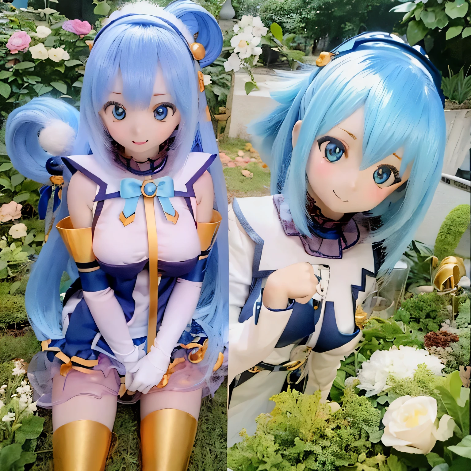 (a young girl with) blue hair, (wearing) a white and blue dress, (holding) a staff, (standing) in a lush, vibrant garden, (with) colorful flowers (blooming) around her, (under) a clear blue sky.
(portraits) of the girl, (photorealistic) rendering, (with) (ultra-detailed) features, (including) sparkling blue eyes, (rosy) lips, and (long) eyelashes.
(best quality, 4k, highres) image, (with) (vivid) colors, (highlighting) the girl's vibrant appearance.
(the garden is filled with) sunlight, (creating) a warm and inviting atmosphere, (with) gentle (sunbeams) illuminating the scene.villain pose
have a magic wand (((magic action)))smile leaning forward