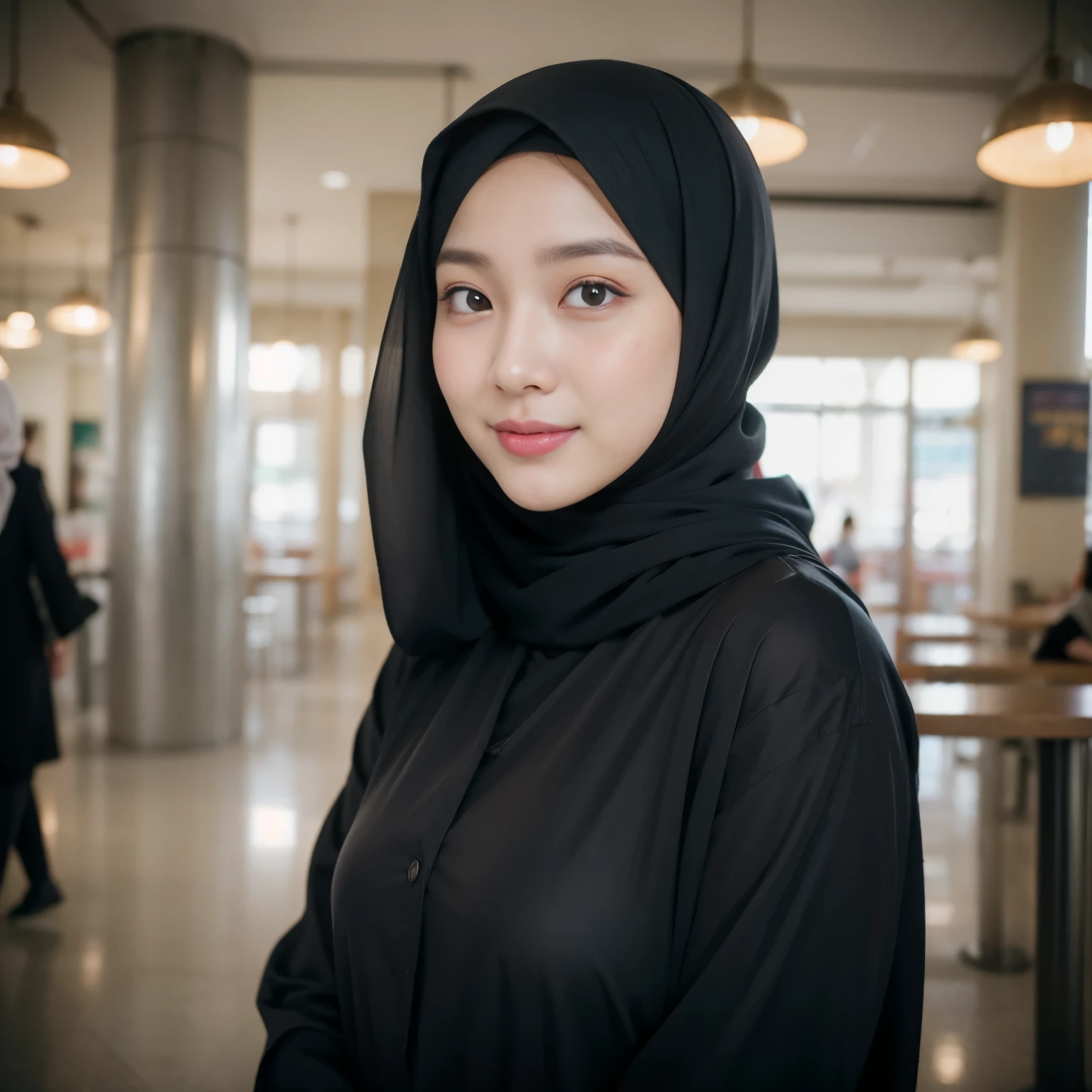 Muslim girl, hijab, (8K, RAW photo, highest quality, High resolution:1.1), (hyperrealistic:1.4),(realistic, photorealistic:1.3), soft light,realistic face,realistic body,realistic skin,disorganized,masterpiece,(cute:1.8), 17 years old, baby face, Big breasts,(big:1.2),fine black eyes,innocent eyes,droopy eyes,Watery eye,open lips,blush,good style,colorful lights,film Grain,smile,full Body,blurred background,young,85mm lens, f/ 1.4,professional lighting,portrait,photon mapping,radio city,Physically based rendering,japanese girl, wearing black matte hijab, abaya, twirling hijab, sky blue jacket,having ramen with me, in a bussy foodcourt,