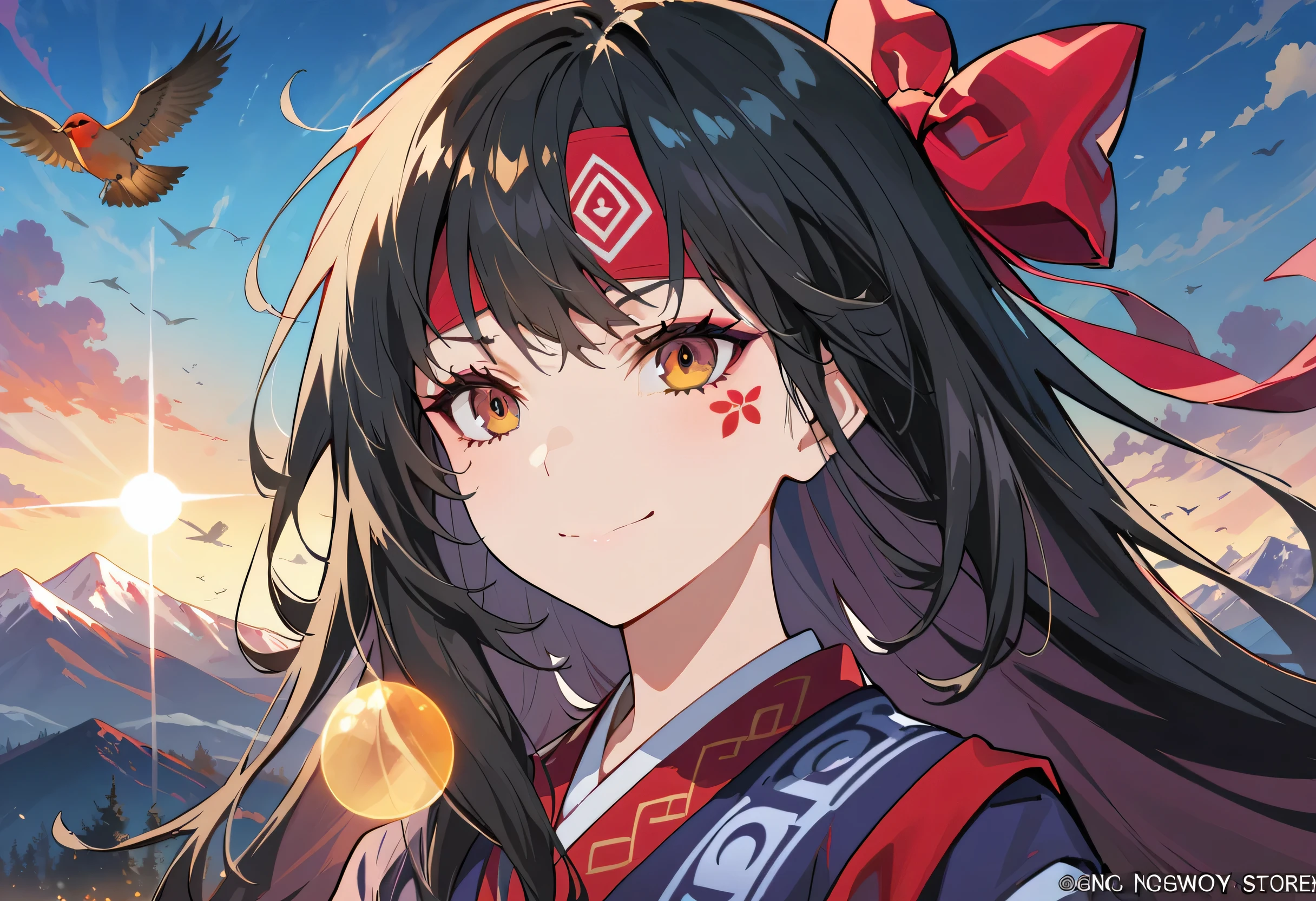 masterpiece, best quality,1 girl, red bow, bow, long hair, hair bow, Ainu clothing, alone, Headband, bird, black hair, fingerless Gloves, short sleeves, Gloves, sash, trousers, Bangs, red Headband, arms, Chest, brown eyes, white trousers, kimono, confuse, faint smile, official art, good composition, official gesture, detailed portrait, portrait, Bokeh, Clouds and mountains background, warrior, Onmyoji style, High resolution, Dramatic lights and shadows, solar flare, Blurred foreground
