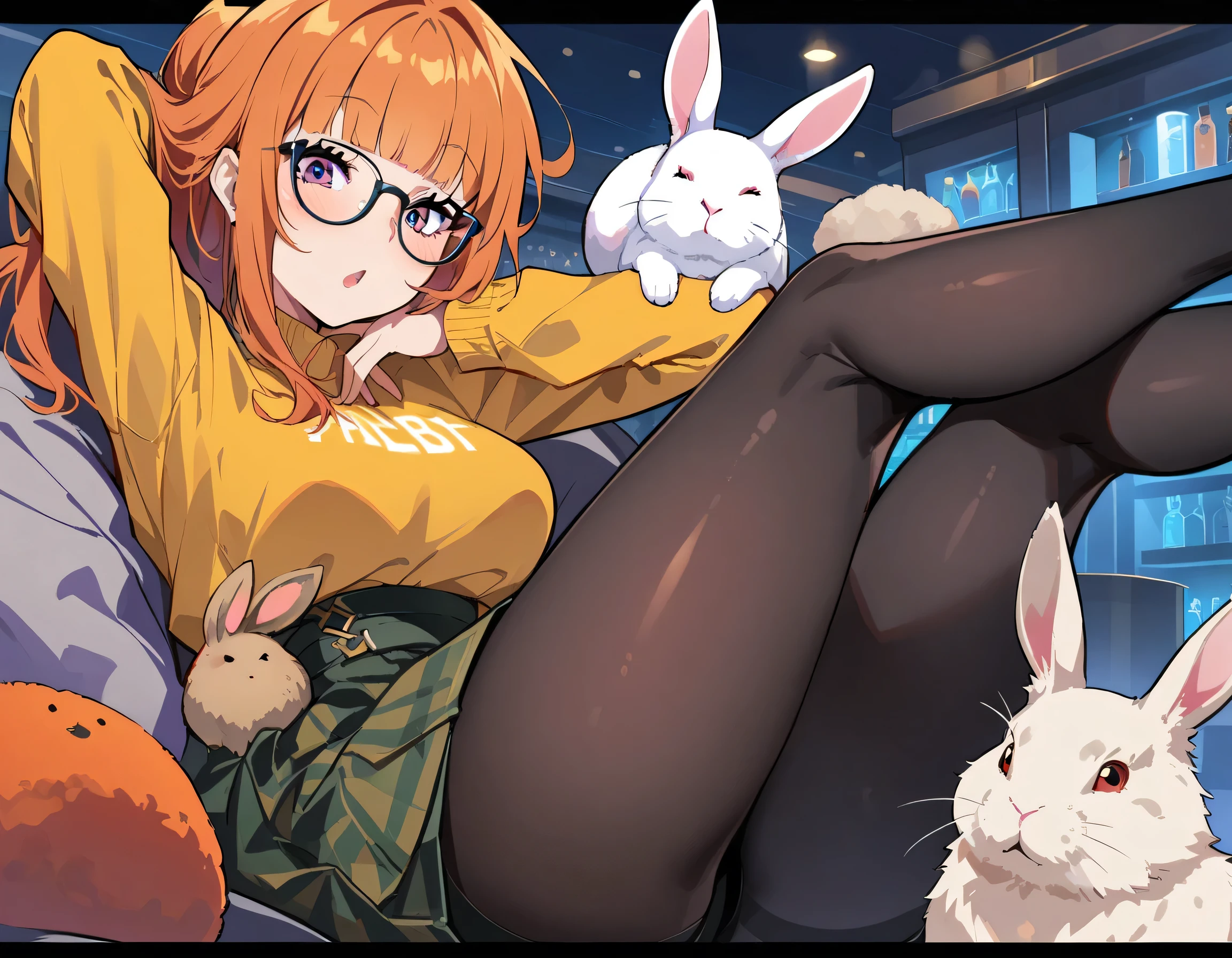 (best quality, masterpiece), depth of field, blurred background, cowboy_shooting, Thick thighs, permanent, alone, 1 girl, Long orange hair, (ahog:0.9), Glasses, blunt bangs, purple eyes, (Full face blush), ((rabbit, pantyhose, rabbit ears, high legs, high legs tights, black tights, tights)), bar, night club, night,