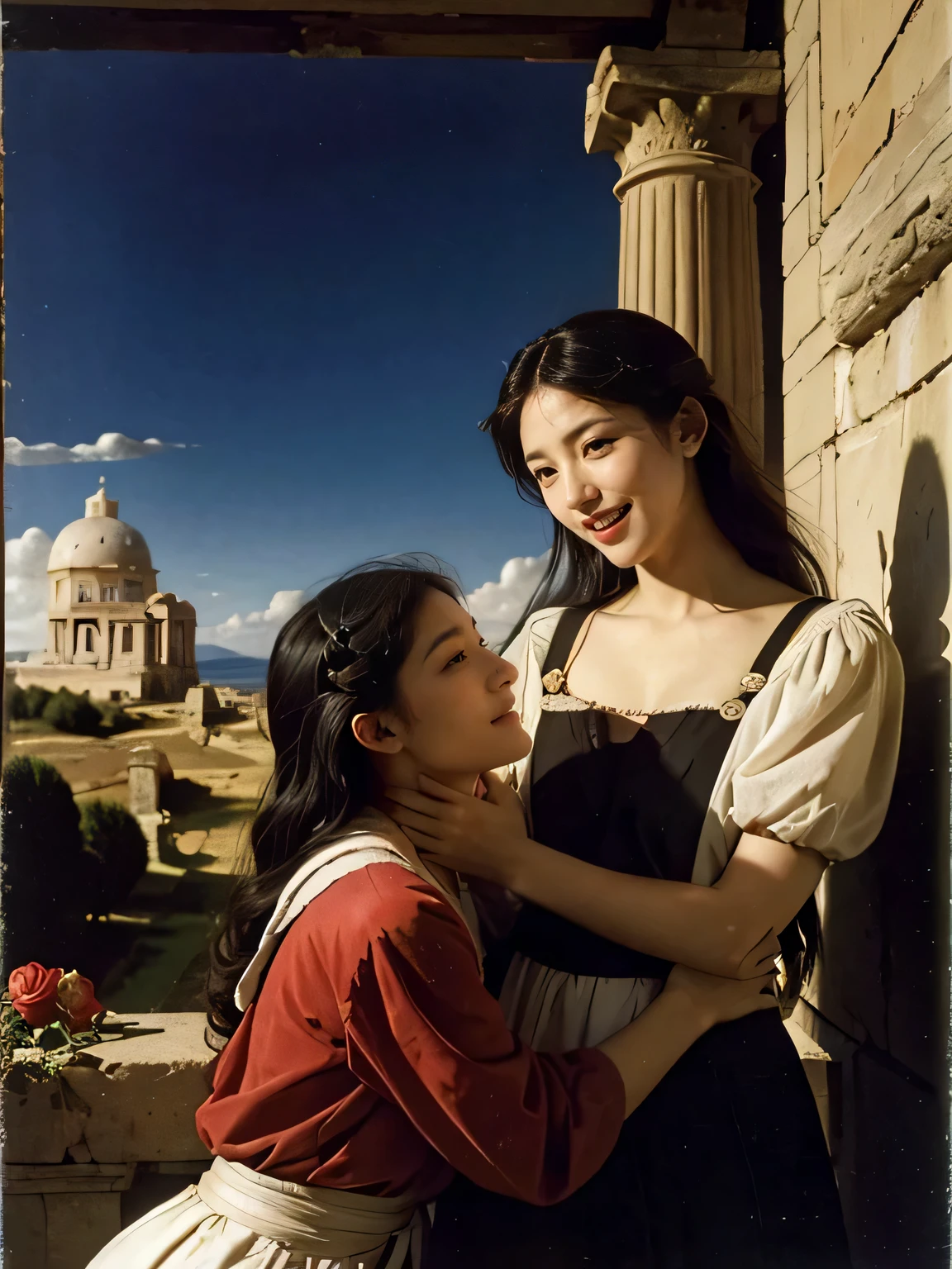 Giorgione painting style,Arguments of two female Philosophe,math、astronomical machine、astronaut、roses in vase、fruits、Cute trinkets、smile、ancient greek costume、Ancient Roman landscape in the style of Nicolas Poussin,laughter,,Sweet and seductive appearance.、Caravaggio's paintings、Chiaroscuro of Caravaggio、hair tousled by the wind,Two women frolicking,cute smile, expression of ecstasy,Sexy,erotic