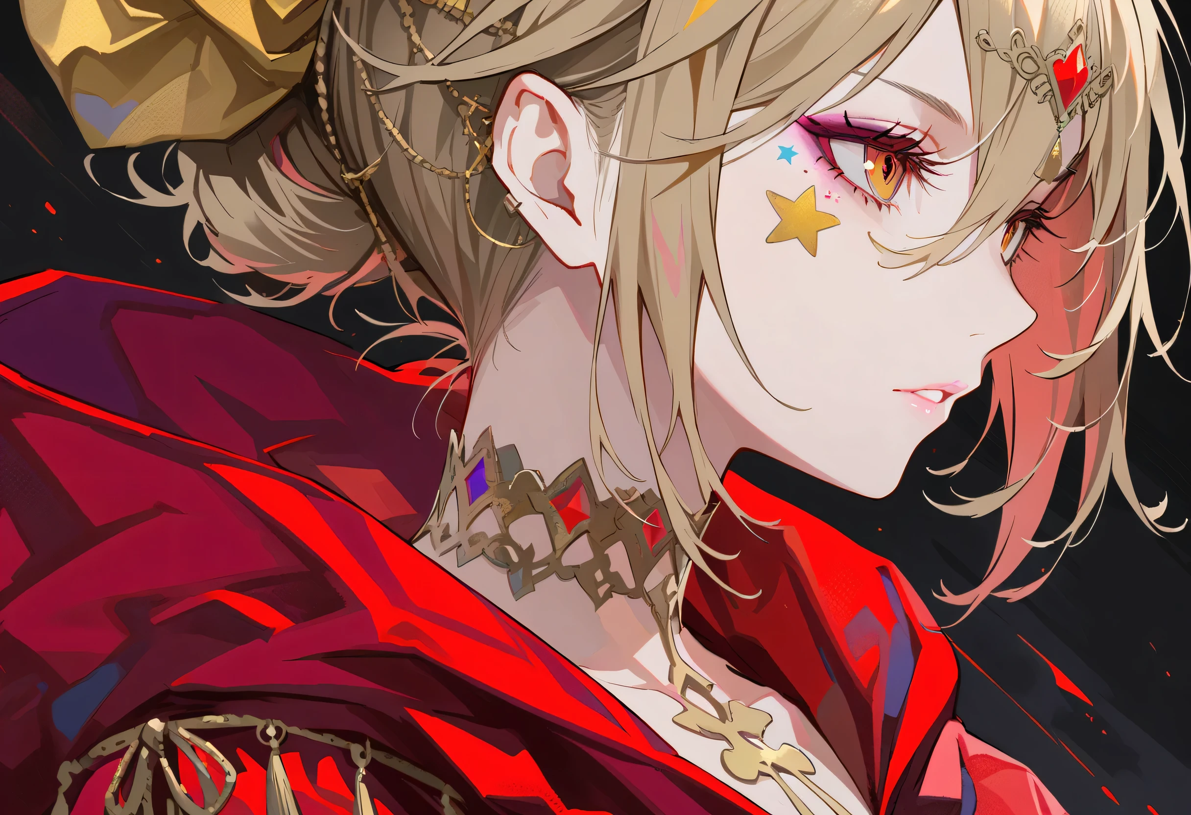 ((Extreme details)),(Super detailed), Extremely detailed CG unified 8k wallpaper, velvet, statue, red hood, crop top, star tiara, puff sleeves, lips, look away, close up, Turn around, black background