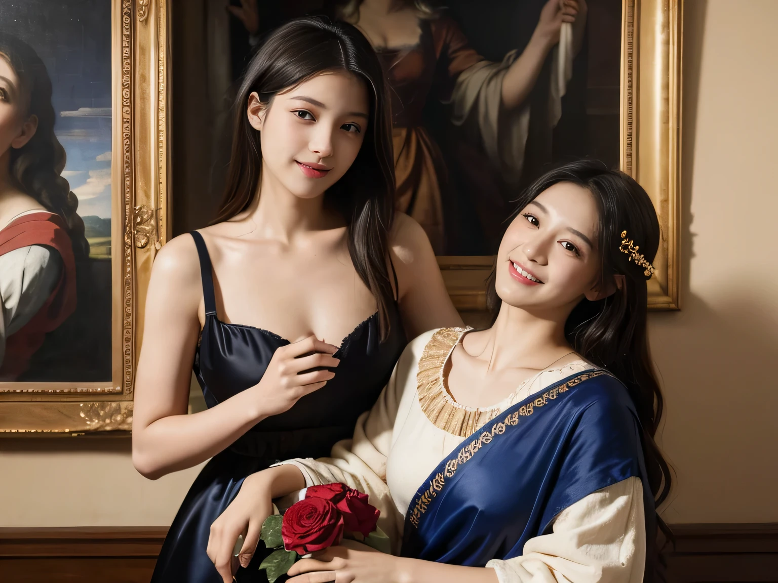 Giorgione painting style,Arguments of two female Philosophe,math、astronomical machine、astronaut、roses in vase、fruits、Cute trinkets、smile、ancient greek costume、Ancient Roman landscape in the style of Nicolas Poussin,laughter,,Sweet and seductive appearance.、Caravaggio's paintings、Chiaroscuro of Caravaggio、hair tousled by the wind,Two women frolicking,cute smile, expression of ecstasy,Sexy,erotic