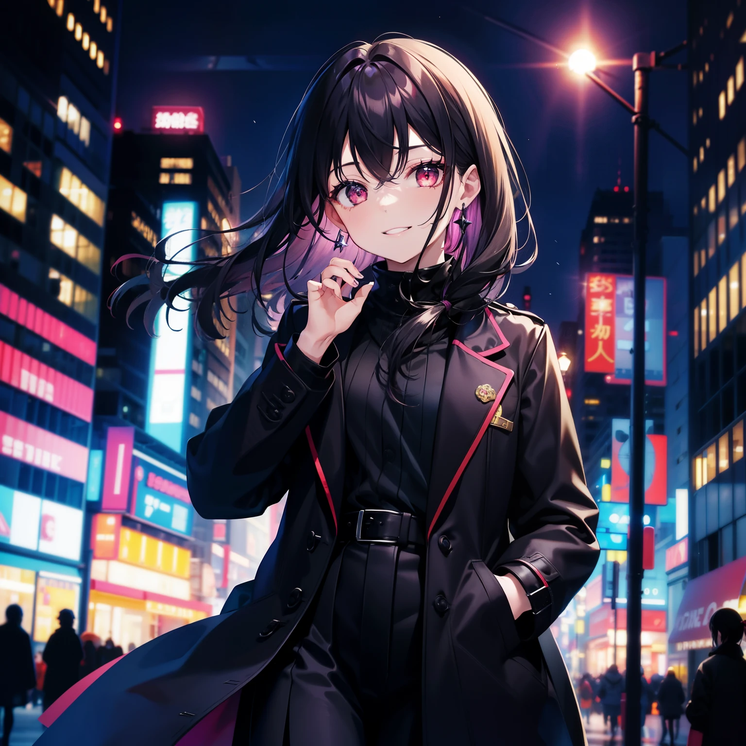 girl, City of night, coat, put one's hand in one's pocket , logothic, medium black hair, purple rock, dark red eyes, portrait、highlight、smile