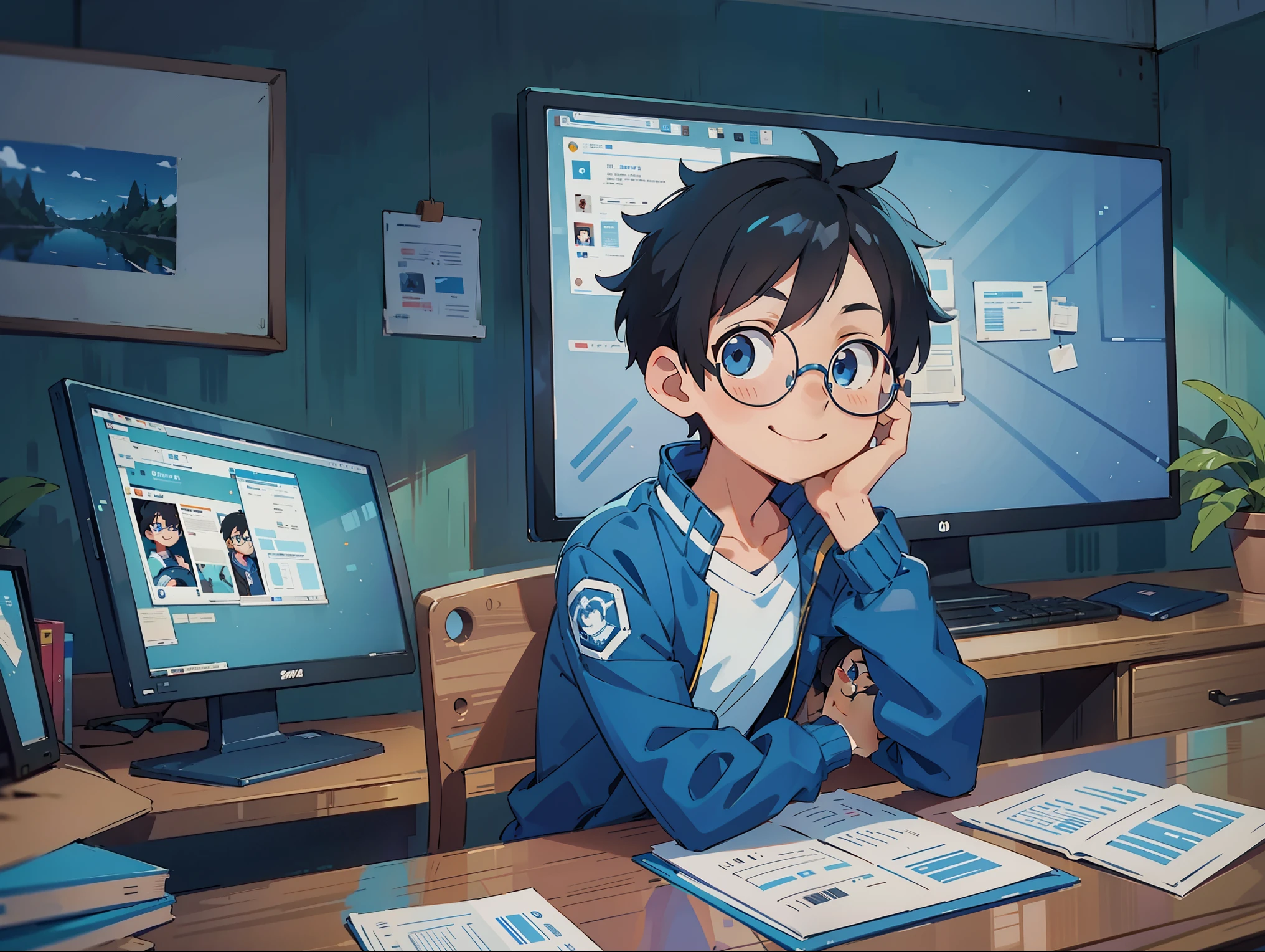 Anime, 1boy, blue jacket, short hair, black hair, looking at viewer, smiling, glasses, computer desk, sitting , blue eyes、good pose