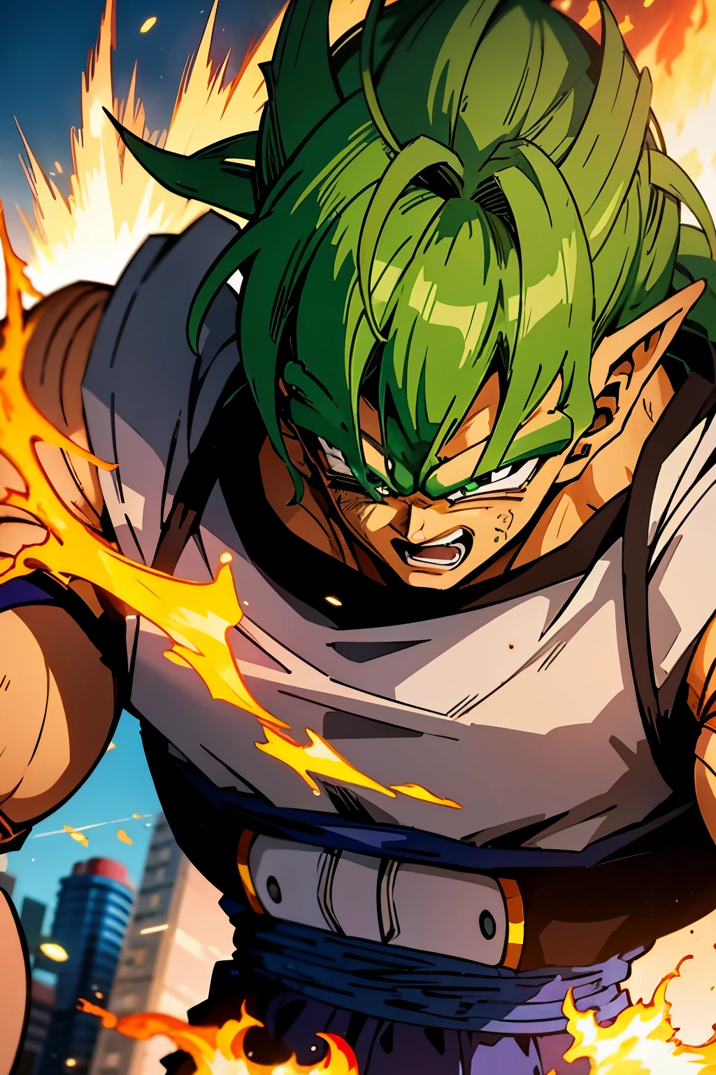 In the dynamic world of DRAGON BALL Z, a young and determined Saiyan warrior, DEGON, stands tall with his short, spiky green hair, piercing emerald eyes, and powerful muscular upper body on display. His fiery spirit is further emphasized by the enlarged depiction of his iconic Masutepiece, a high-resolution masterpiece of power and determination.
The vibrant background showcases a fierce battle scene at a construction site, with debris flying in all directions and power lines crackling under the intense energy. DEGON, with a determined look on his face, signals his opponent with a smile and a wide-open mouth, showcasing his
