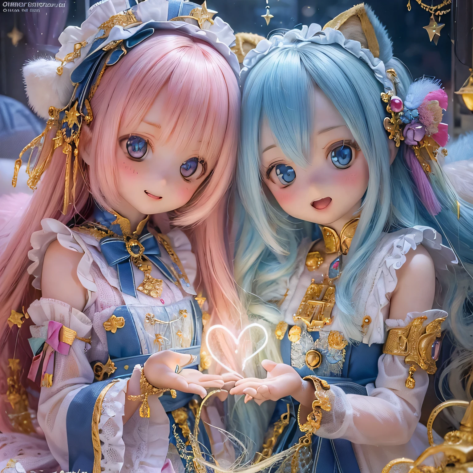 medium:anime girls,magic,cute,adorable,playful,lively,bright colors,soft shading,warm lighting,sparkling eyes,pastel palette,vibrant atmosphere,happy expression,catchy pose,floating in the air,smiling faces,sweet smiles,fluffy hair,flowing ribbons,flowery background,hearts floating around,cheerful mood,whimsical scene,light-hearted,joyful ambiance,colorful art style,magical touch,ethereal beauty,charming characters,fantasy world,comfortable and cozy environment,peaceful atmosphere,relaxing vibes,tranquil setting,magic sparks,glowing stars,sparkling magic wands,lots of details,fine lines,precise linework,detailed artwork,meticulous attention to details,highly-detailed illustration,impressive art quality,eye-catching artwork,professional artwork,expressive eyes,cute and small noses,pouty lips,playful expressions,perfectly-shaped eyelashes,adorable freckles,soft and smooth skin,pure and innocent look,natural beauty,flawless complexion,cute outfits,colorful ribbons and bows,exquisite designed dresses,cute accessories,and adorable hats,playful and elegant postures,various magical poses.

(best quality,4k,8k,highres,masterpiece:1.2),ultra-detailed,(realistic,photorealistic,photo-realistic:1.37),HDR,UHD,studio lighting,ultra-fine painting,sharp focus,physically-based rendering,extreme detail description,professional,vivid colors,bokeh

pastel palette,lively colors,pink tones,soft hues,sparkling and bright colors,pastel blues and pinks,gentle yellows and greens,magical glow,sweet and dreamy color scheme,warm and cozy lighting,mystical ambiance,soft and warm light,ethereal and magical lighting,glowing and radiant light,magical sparkling effects,soft and smooth textures,subtle gradients,soft shadows and highlights,glowing backgrounds,glowing stars and sparkles,moonlit night,comfortable and magical atmosphere,warm and inviting atmosphere,magical and dreamy vibes,enchanting and cozy setting,serene and peaceful backdrop

I hope this prompt helps you in generating a beautiful art