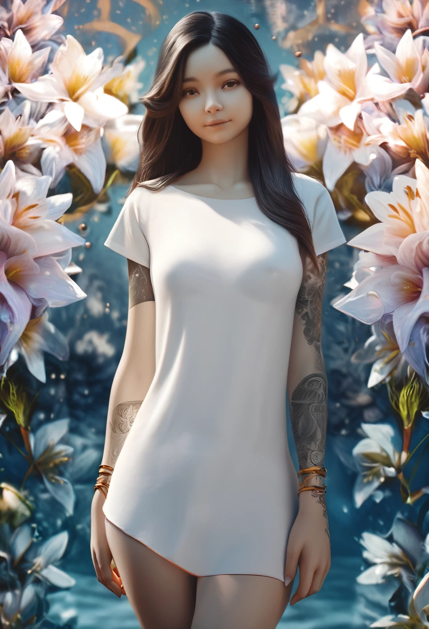 ((1 girl - solo, full length, waist-length, loose - relaxed pose, standing)), ((masterpiece, best quality: 1.3), (ultra detail: 1.3), (best quality, high resolution, photo realistic: 1.37)). ((Orange, pink, white, and green details), (girl, in flower-T tattoos, starry sky-white hair), (dark hair, shoulder length, long hair), (elegant body, dark stylish T-shirt , tech clothes: 1.1), (beautiful hands in jewelry bracelets, tattoos, (Rockstar)). ((Calm look, relaxed pose, standing)). ((Abstract background with lines and circles), (Technical background - abstraction), (high-tech), (many flowers - lilies), (flowers look amazing), mostly in light colors: (white, blue, yellow, gold)).((Best quality), (surrealism: 1.3), (masterpiece: 1.2) , (fantasy: 1.2, surrealism: 1.3), ((High resolution, sharp image), (best quality: 1.37), (realistic 3D visualization), (adjustments, soft light-shadow, flooded sunlight, contrast shadows – cold tones, warm soft light)). (Technical background - abstraction), (modern style, HD detail, cinematic, surrealism, Deep focus, ray tracing, Diffusion)).