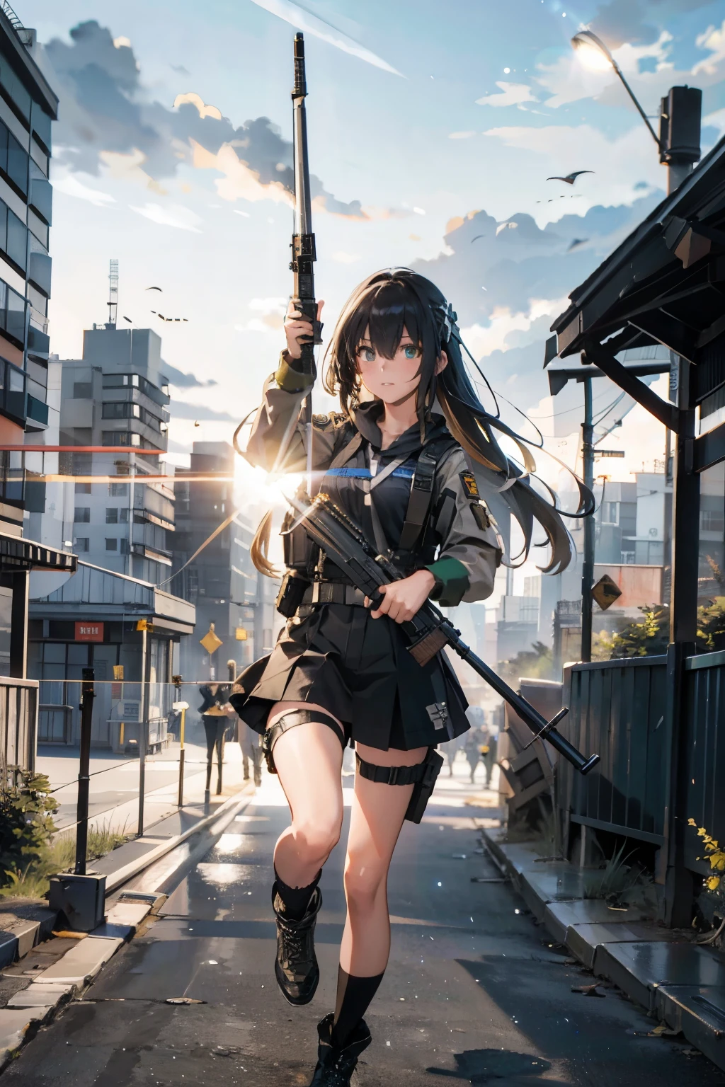 {{Masterpiece, top quality, highly detailed CG, unified 8k wallpaper, movie lighting, lens flare}}, girl shooting rifle, wide view, full body, thick body, long blond hair, green eyes, (holding a weapon, holding a rifle, aiming, aiming: 1.4), gun, h&k hk416, carbine, open fire, firing, (1 girl soldier aiming a huge rifle), 24 years old, teeth out, special forces, from above, knee shooting,