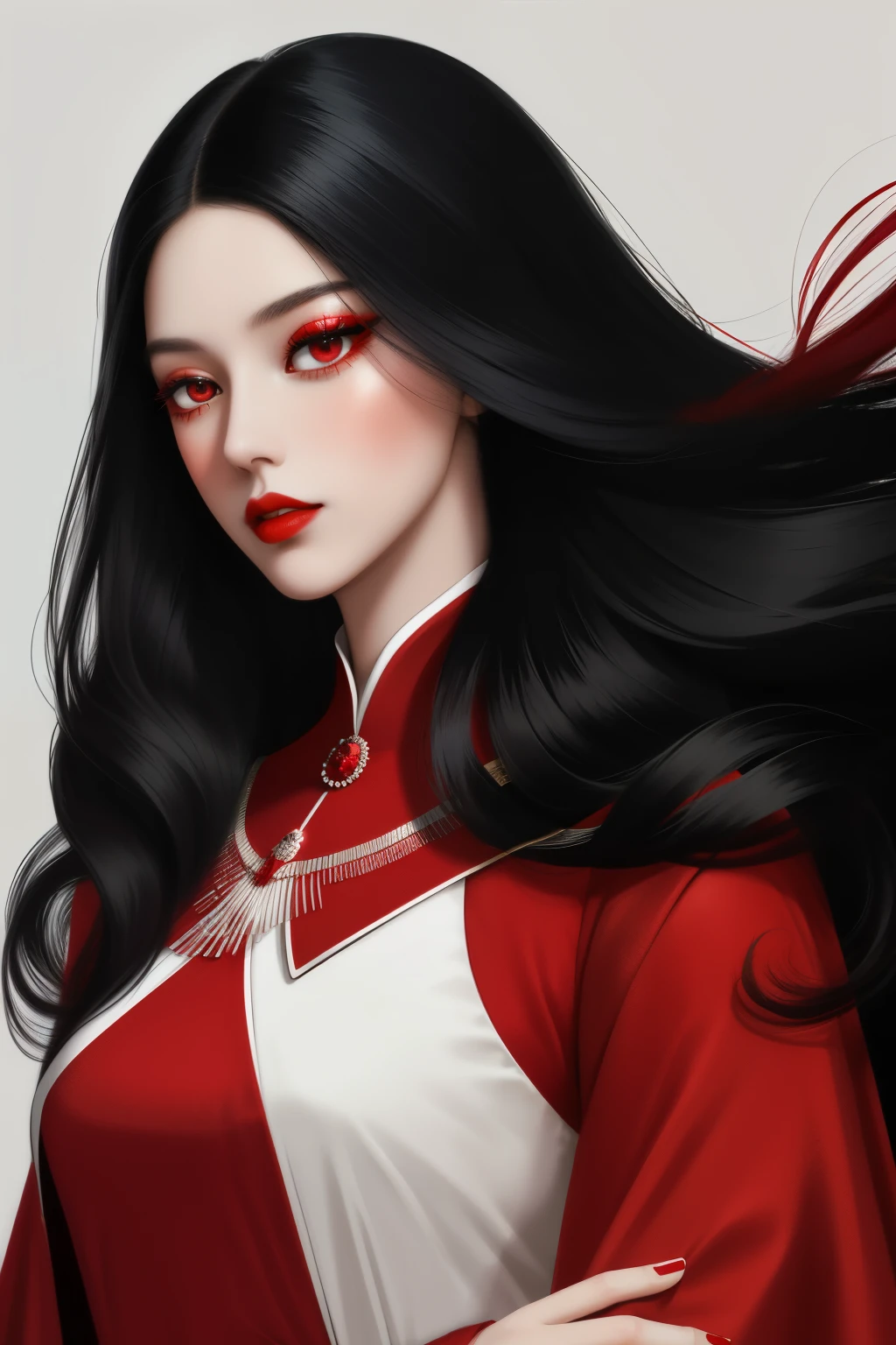 Wear red and white clothes.,Woman with long black hair,long red eyelashes,Soft retro dress,highest features,8k,mesmerizing elegance,Expert techniqueanifestation of naturalism,harmonious elements,Creative enhancements,Prominent posture,Sensational shades,realistic face,charming woman,demon fox, Flowing hair and long coat,