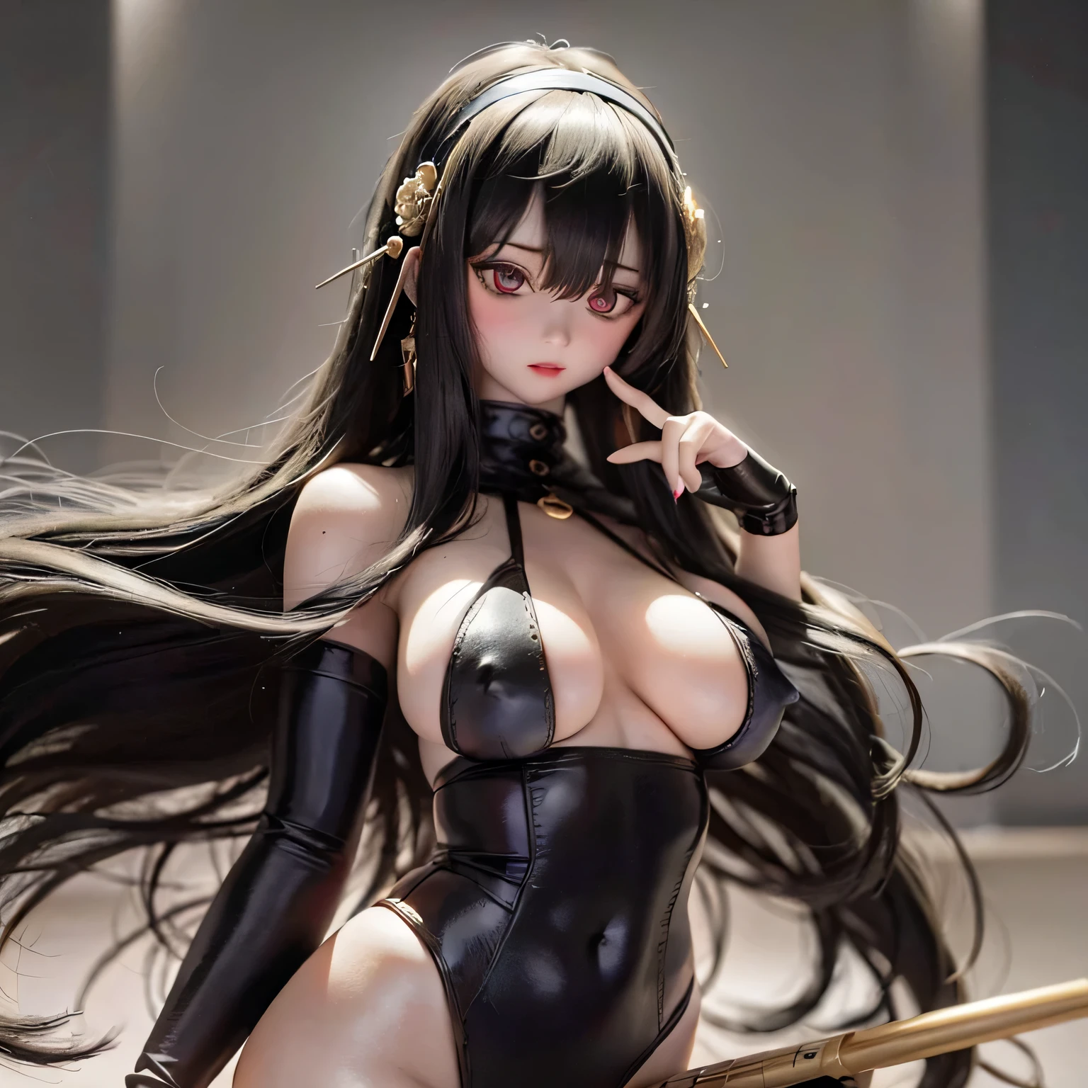 (best quality,4k,highres,masterpiece:1.2),ultra-detailed,realistic,long black hair,beautiful detailed eyes,beautiful detailed lips,nude,wielding weapons,long flowing hair,serious expression,dark atmosphere,sharp focus,detailed weapon,studio lighting,vivid colors,physically-based rendering