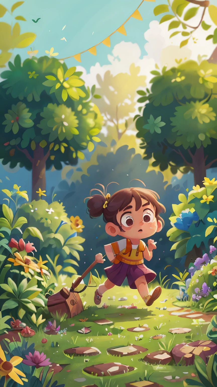 A 6-year-old girl is running in a garden, she is wearing gardener's clothes, is scared, scared, perfect quality, clear focus (mess - house: 0.8), (masterpiece: 1.2) (Realistic: 1.2) (Bokeh) (Best quality) (Detailed Skin: 1.3) (Intricate Details) (8K) (Eye Detail) (Sharp Focus), (Unhappy)