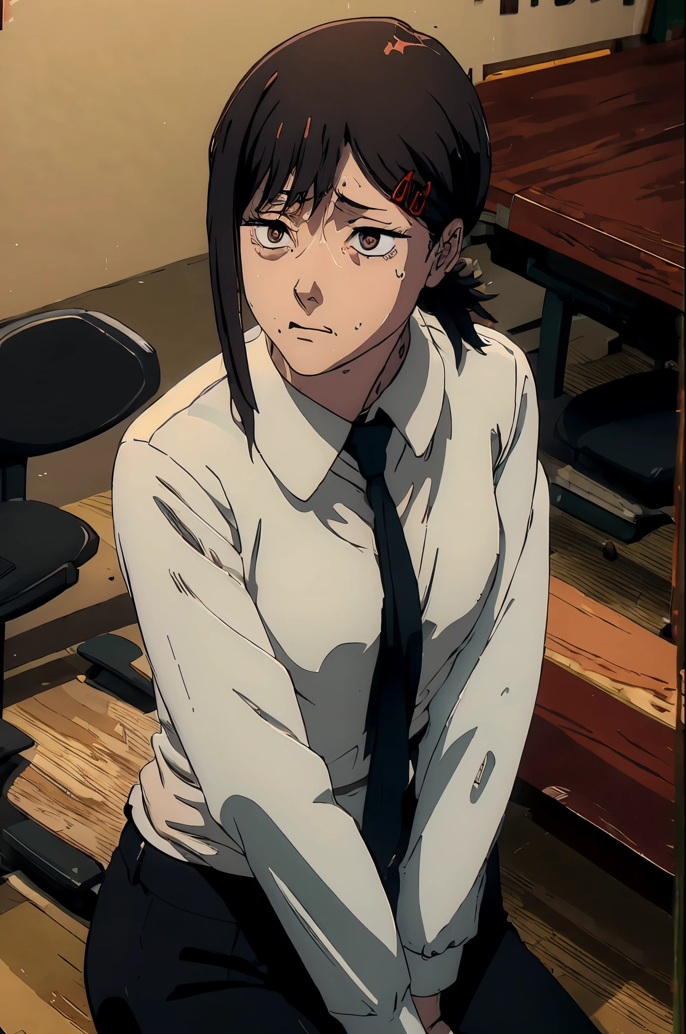 kobeni from chainsawman, black vivid eyes, with her iconic two red hair clips, sweating, wearing white long sleeve, cleavage, black dark business pants, sitting on office chair, office setting, indoors, windows, panicking, windows, daytime,