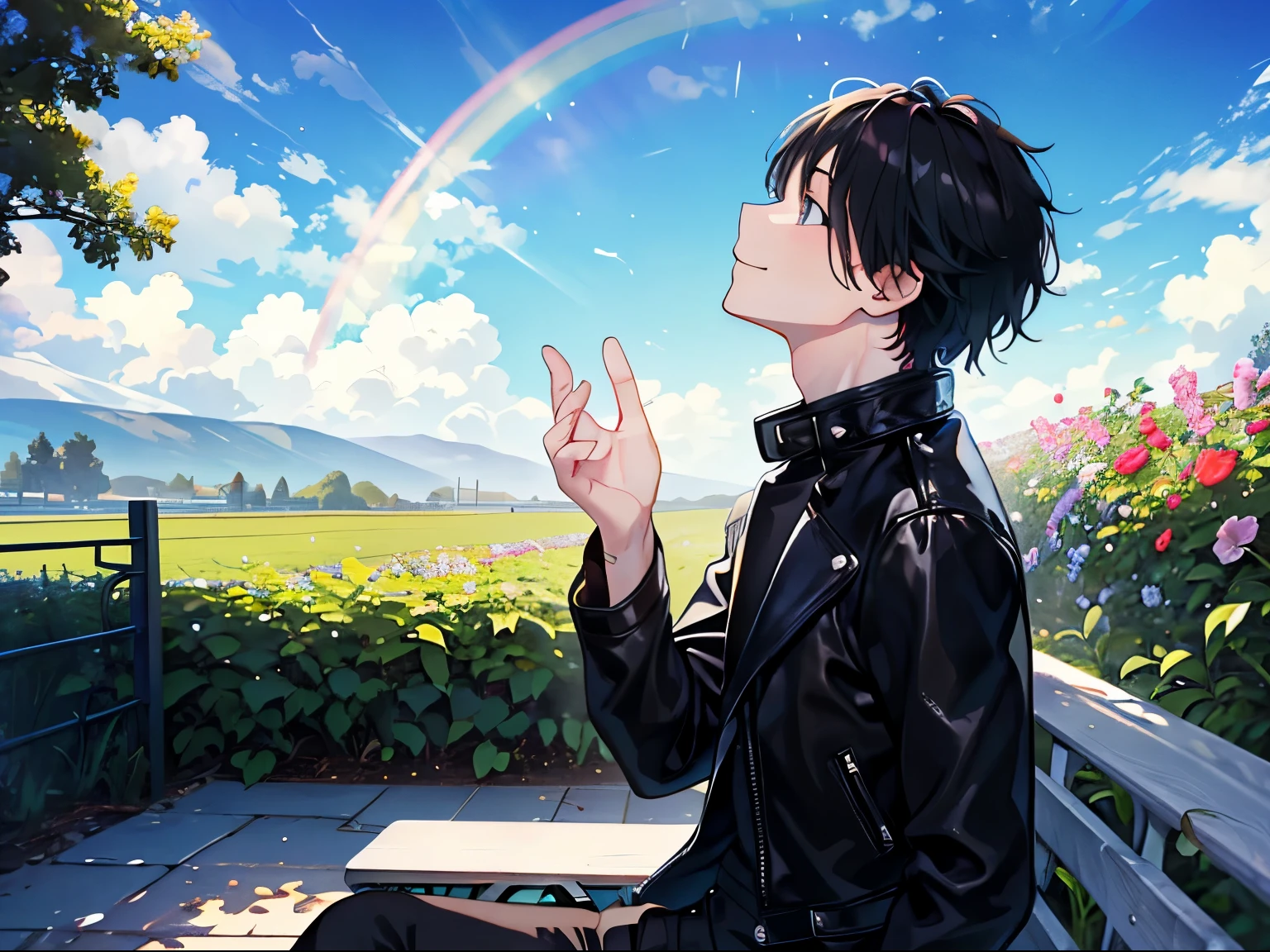 Young man looking up at the sky with a rainbow、smile、profile、garden、sitting on the bench、Wearing a black leather jacket、black hair、1 male